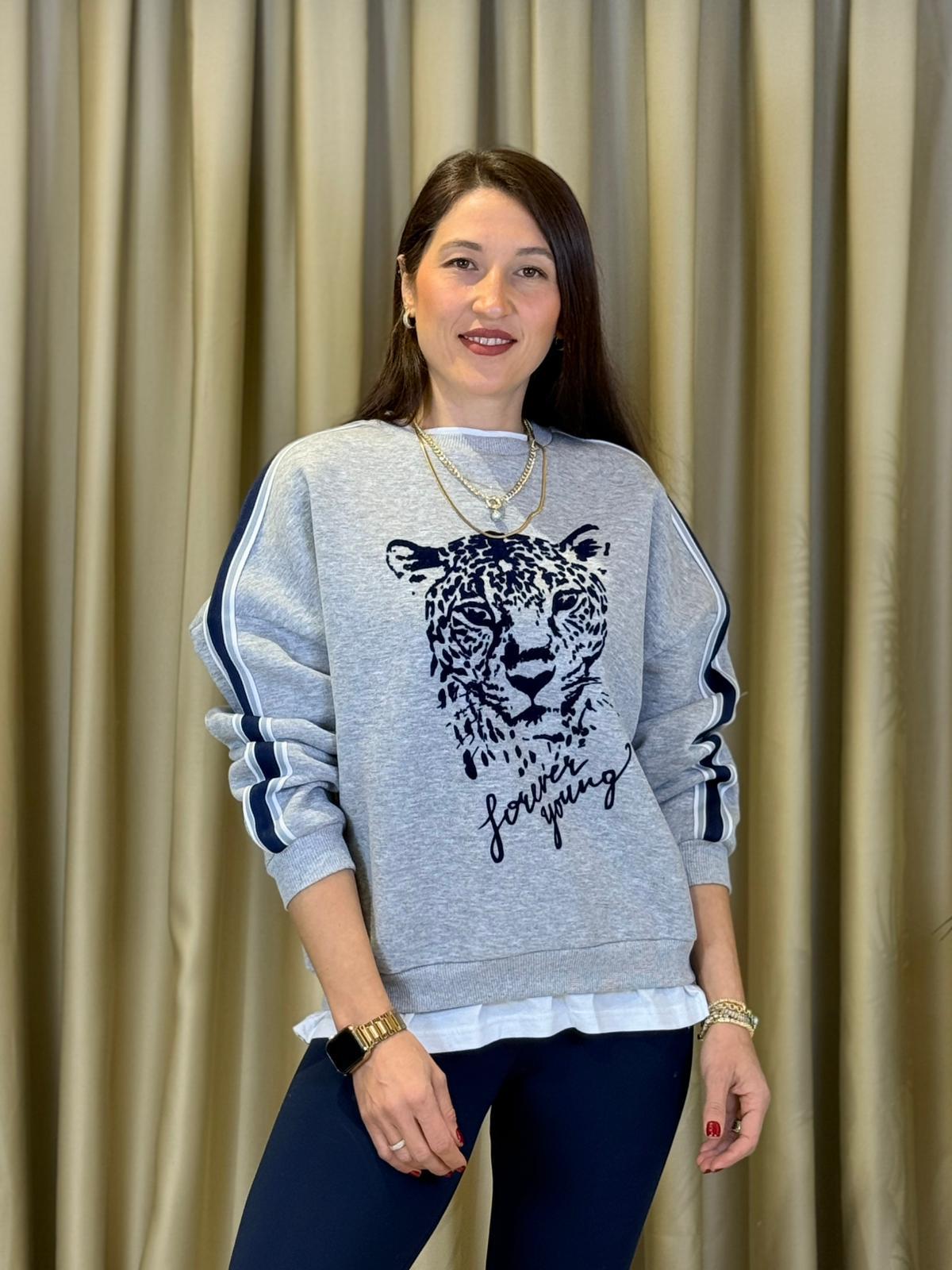 ÖNÜ LEOPAR BASKILI GRİ KADIN SWETSHIRT