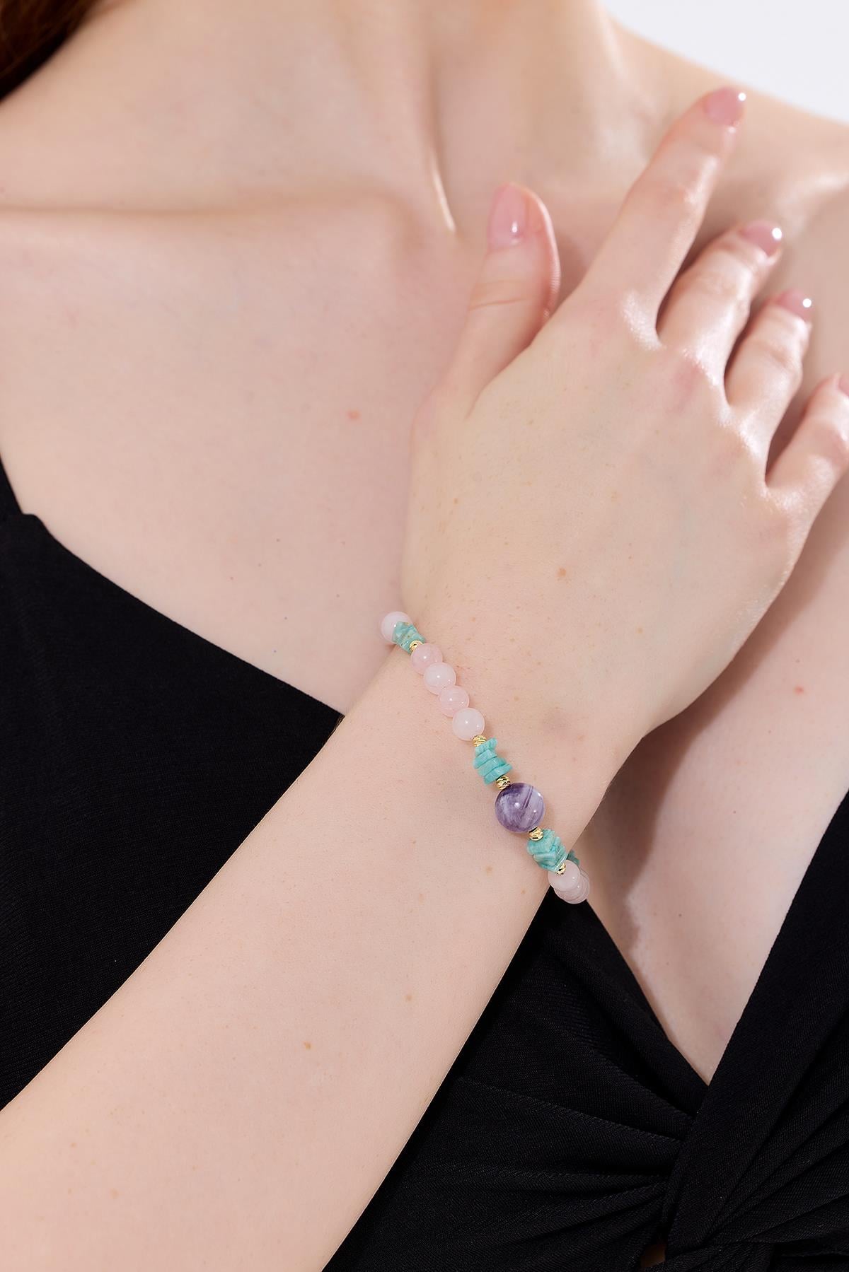 1. Kalite Ametist- Pembe Kuvars - Amazonit Özel Tasarım Doğaltaş Bileklik