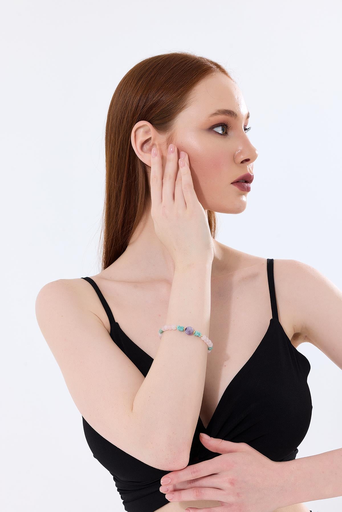 1. Kalite Ametist- Pembe Kuvars - Amazonit Özel Tasarım Doğaltaş Bileklik