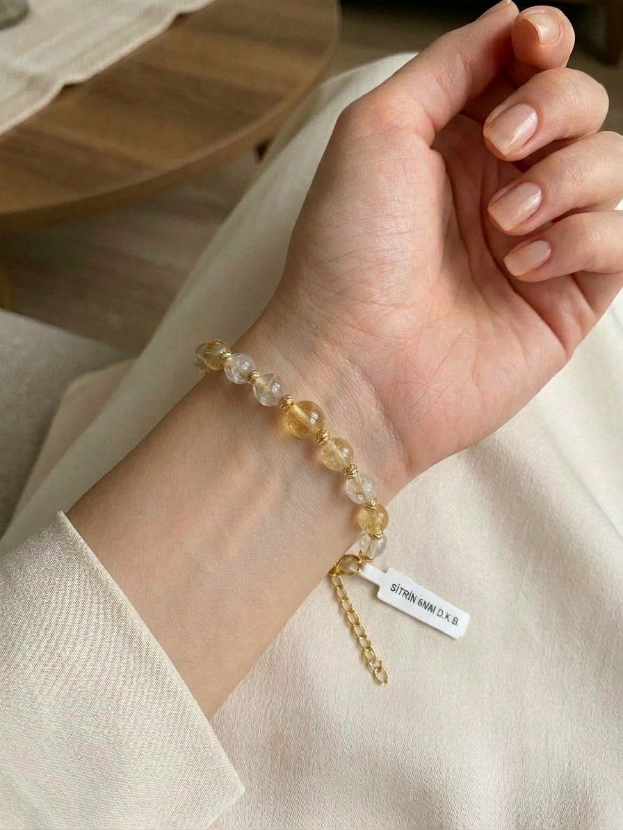 Premium 6 mm Sitrin  Doğaltaş Bileklik – Altın Kaplama, Alerji Yapmaz, Ayarlanabilir 20+5 cm  