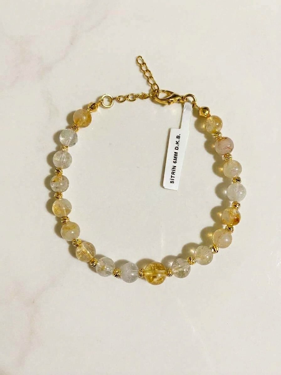 Premium 6 mm Sitrin  Doğaltaş Bileklik – Altın Kaplama, Alerji Yapmaz, Ayarlanabilir 20+5 cm  