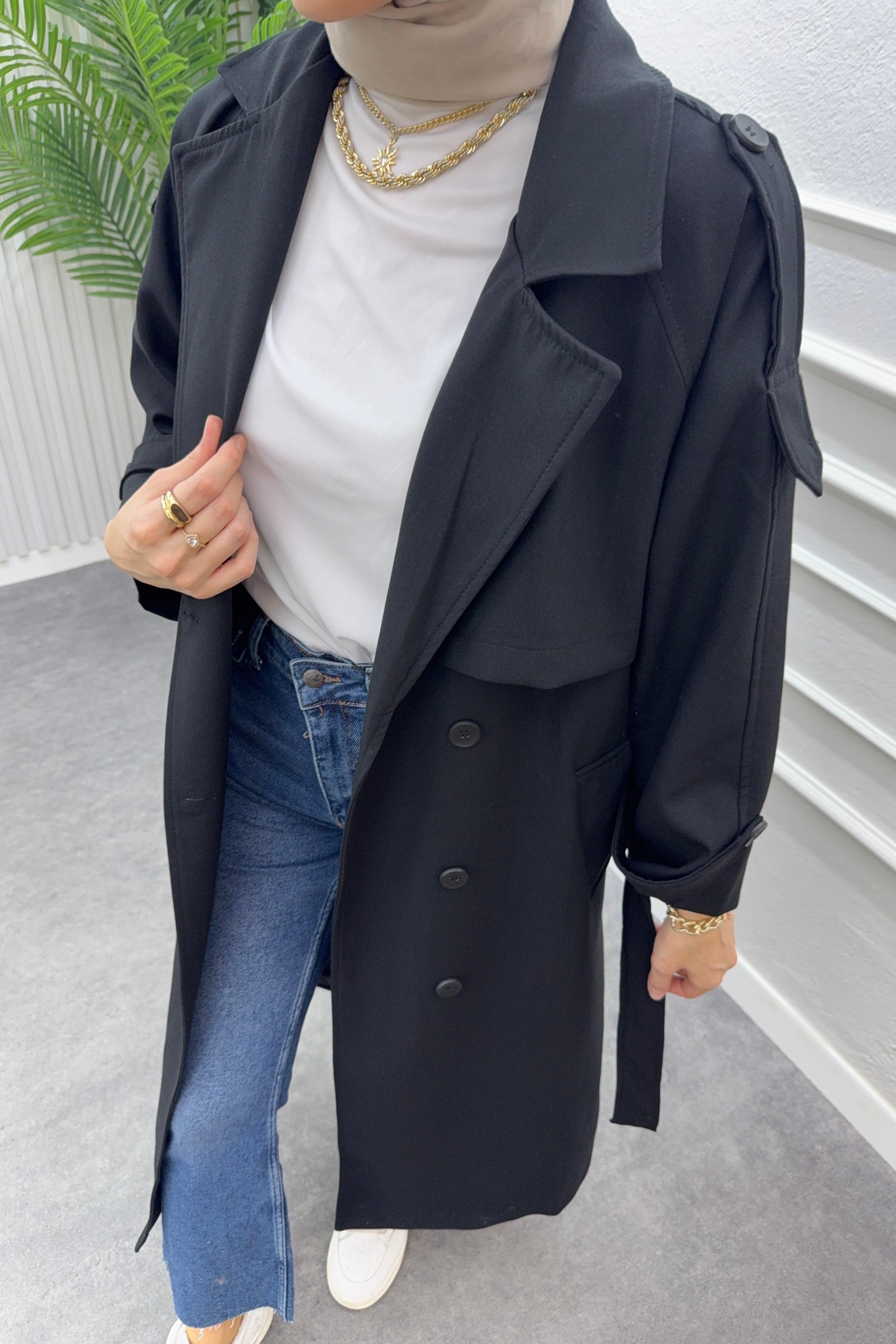 Premium Oversize Trençkot-Siyah