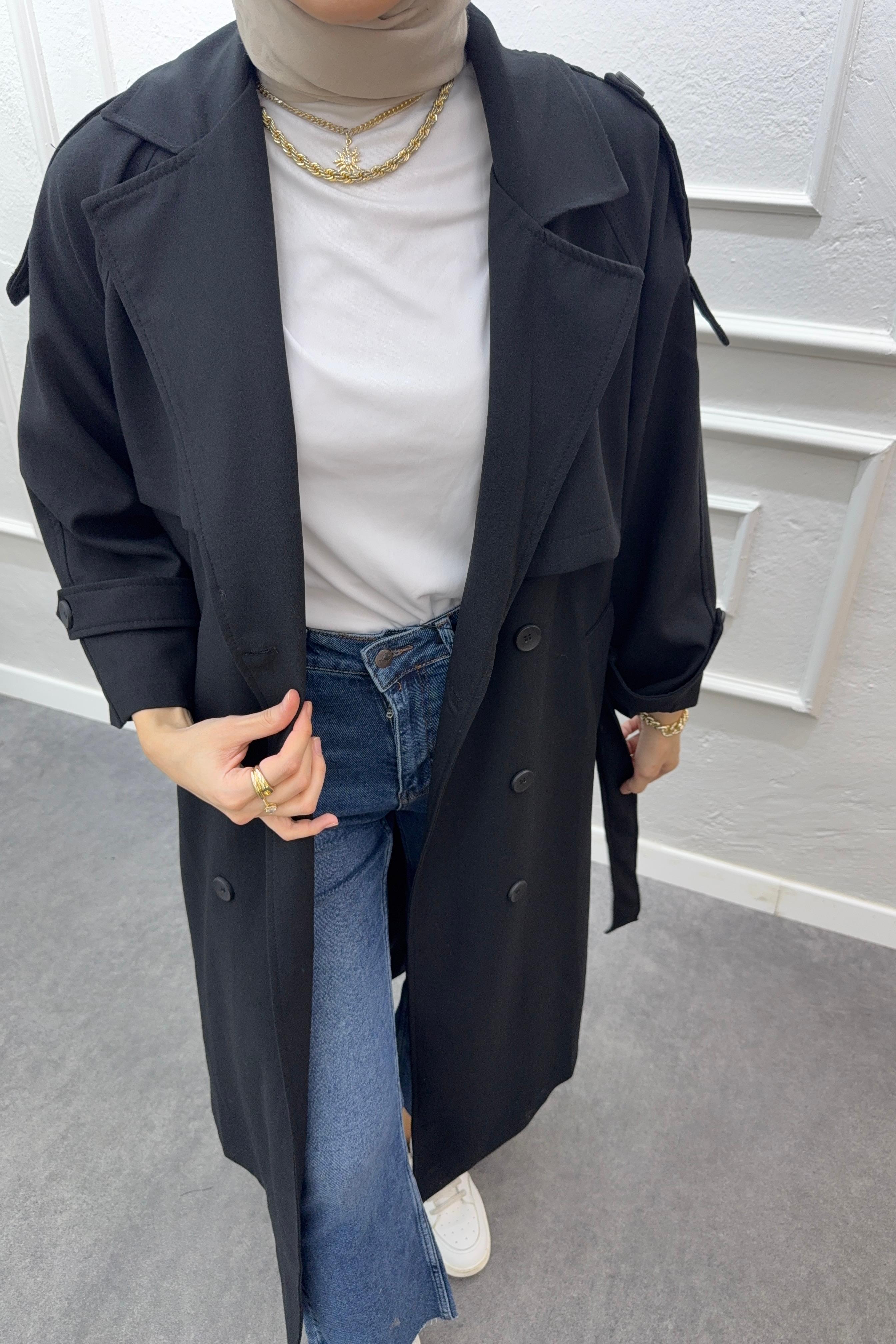 Premium Oversize Trençkot-Siyah