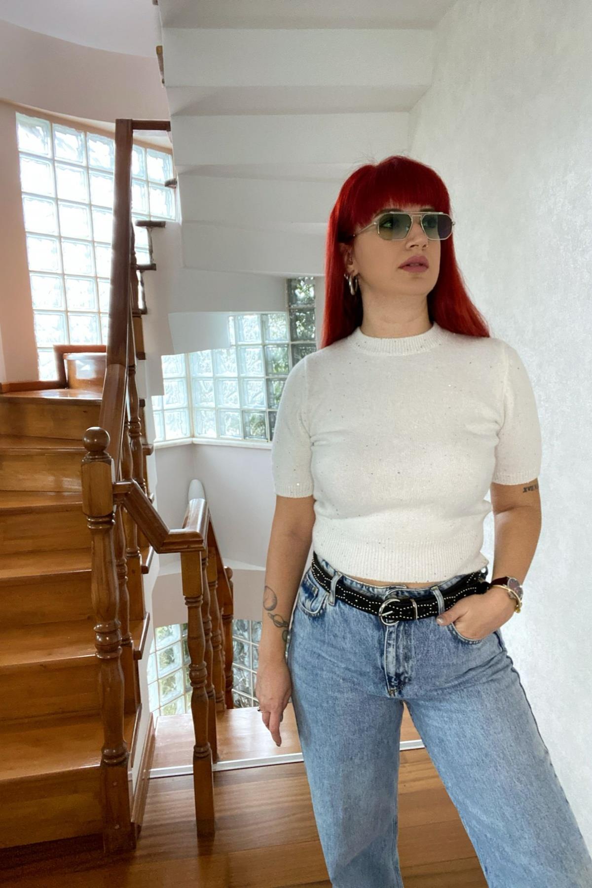 Ekru Pullu Simli Triko Kazak