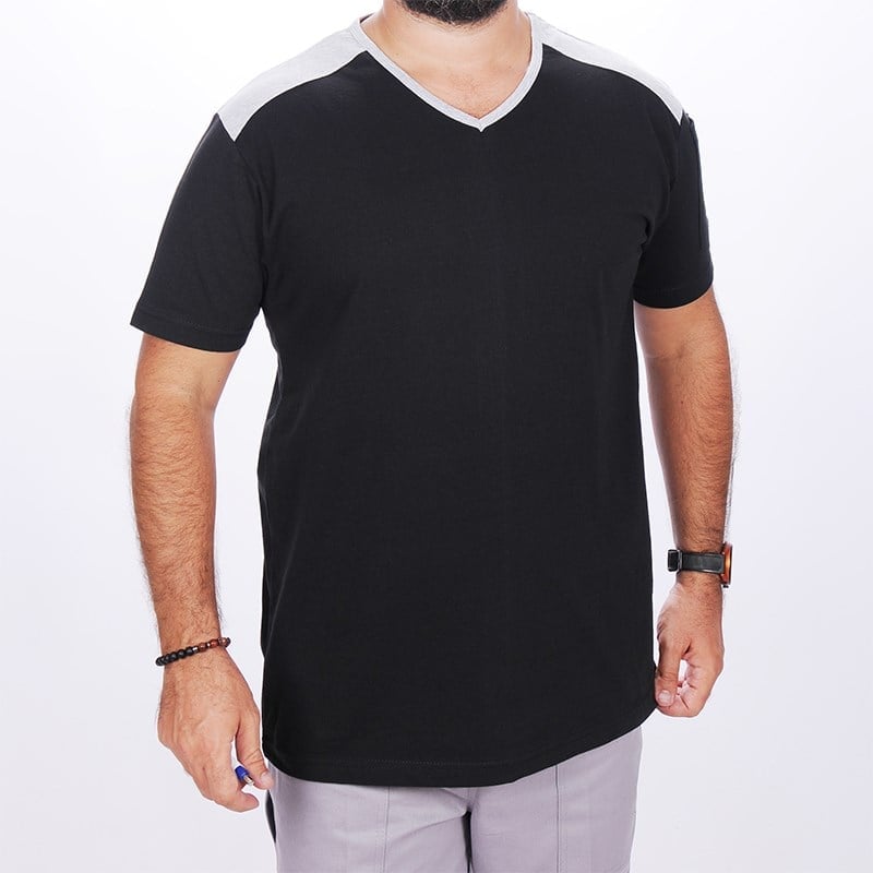 Formteks V Yaka Omuz Garnili Tshirt Siyah-Gri
