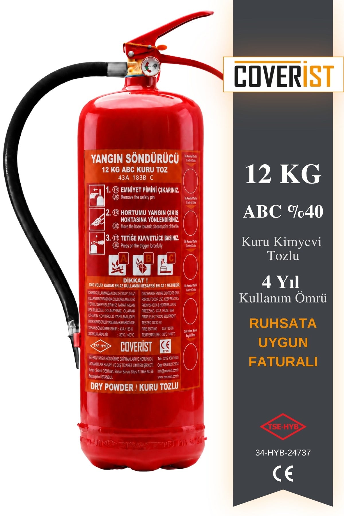 12 KG Kuru Kimyevi Tozlu Yangın Söndürme Tüpü Ruhsata Uygun Faturalı Yeni Üretim - Coverist