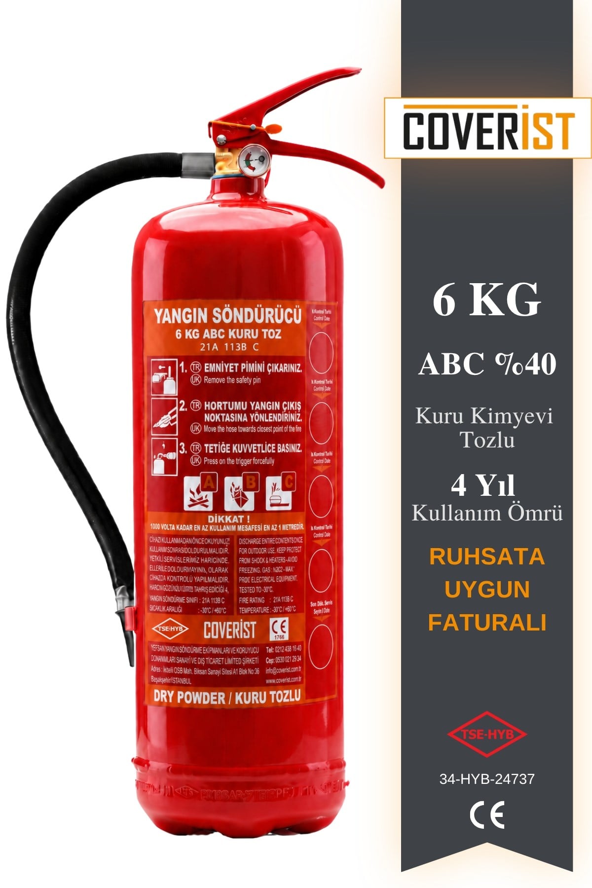 6 KG Kuru Kimyevi Tozlu Yangın Söndürme Tüpü Ruhsata Uygun Faturalı Yeni Üretim - Coverist