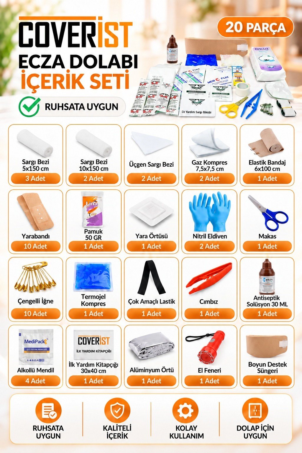 Ecza Dolabı İlk Yardım İçerik Seti - Plastik İlk Yardım İçerik Seti