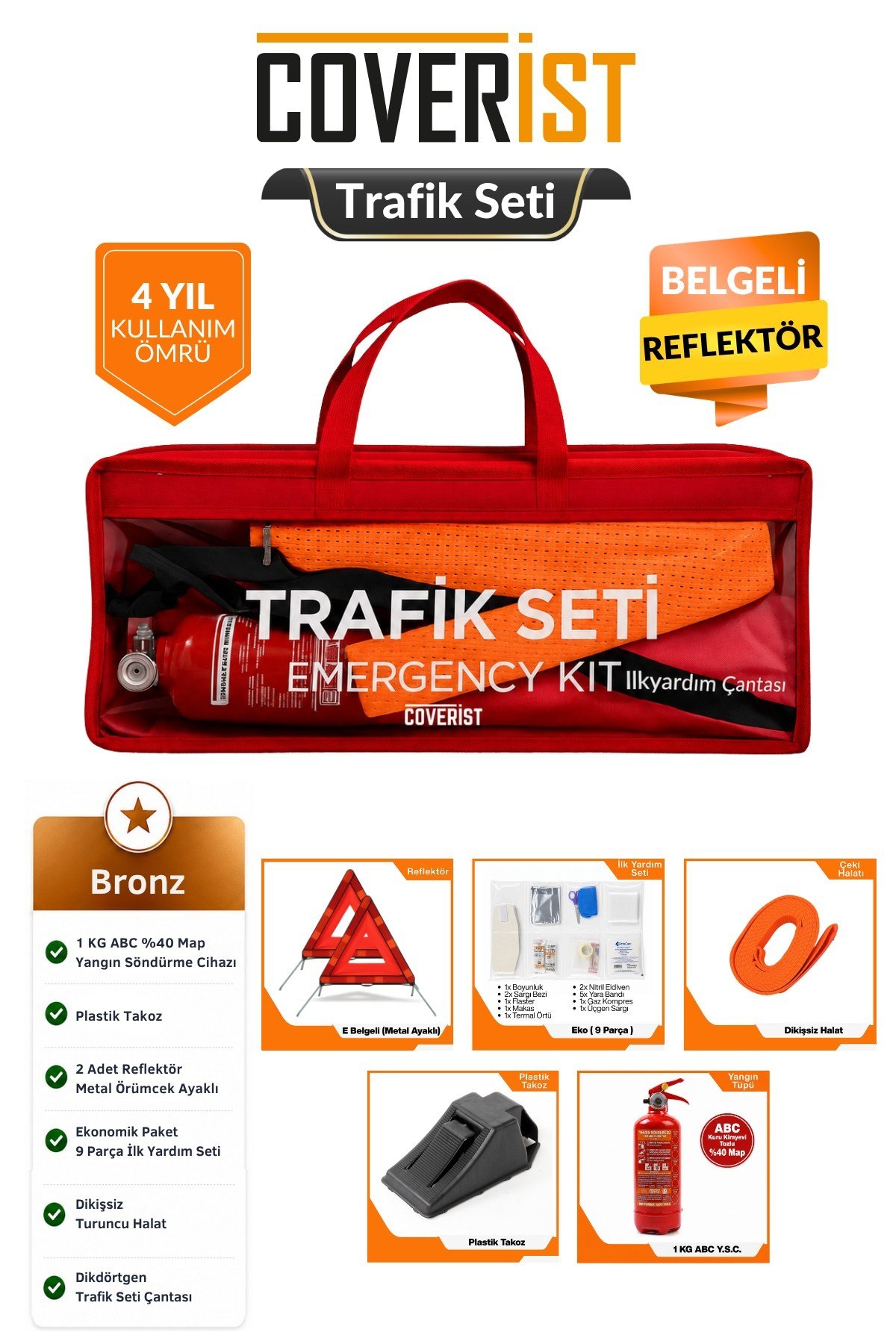 Trafik ve İlk Yardım Seti - Muayene Uyumlu 1 KG Araç Yangın Tüpü - 2 Adet Reflektör - Bronze Pack