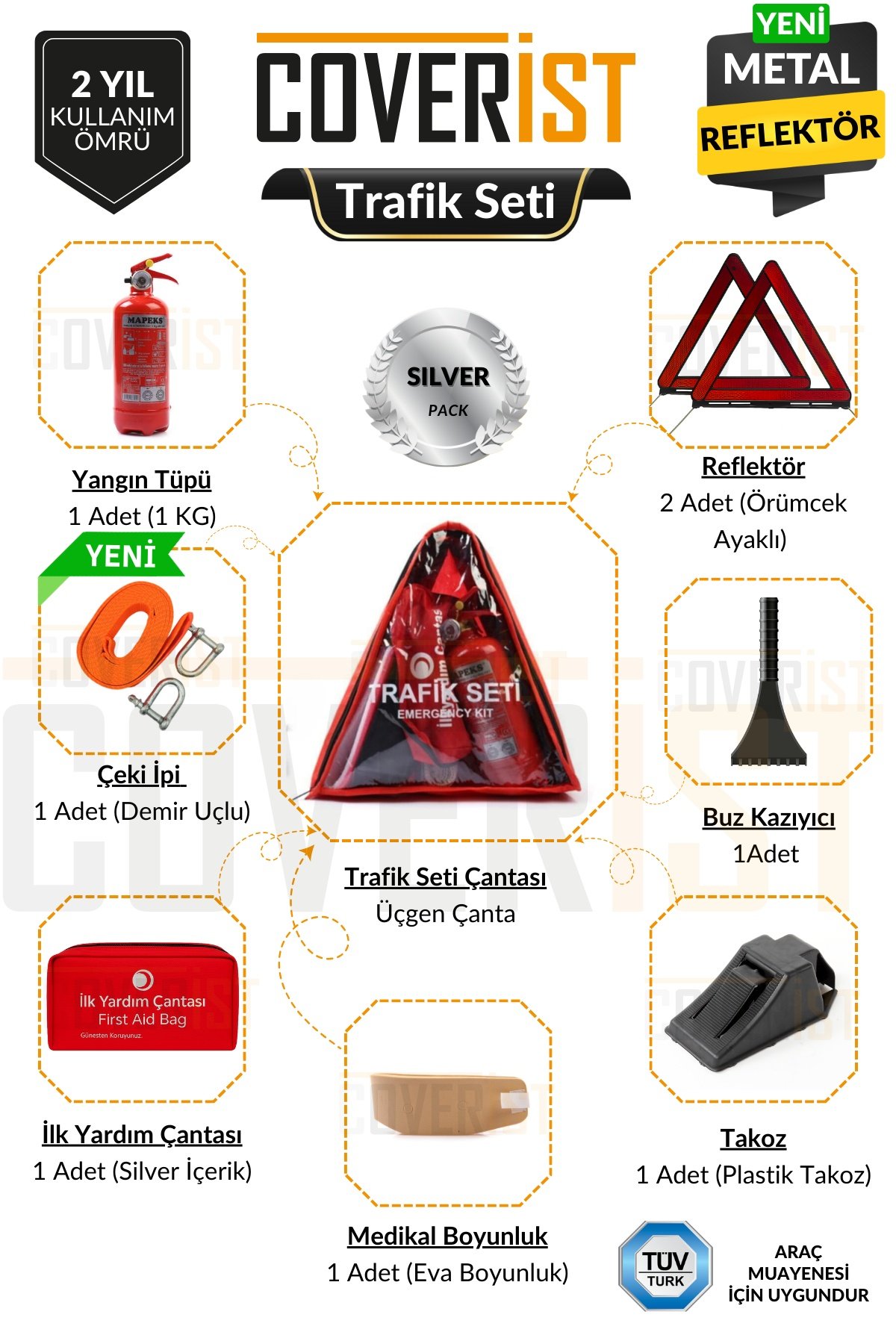 Üçgen Trafik ve İlk Yardım Seti - Muayene Uyumlu 1 KG Araç Yangın Tüpü - 2 Adet Reflektör - Silver Pack
