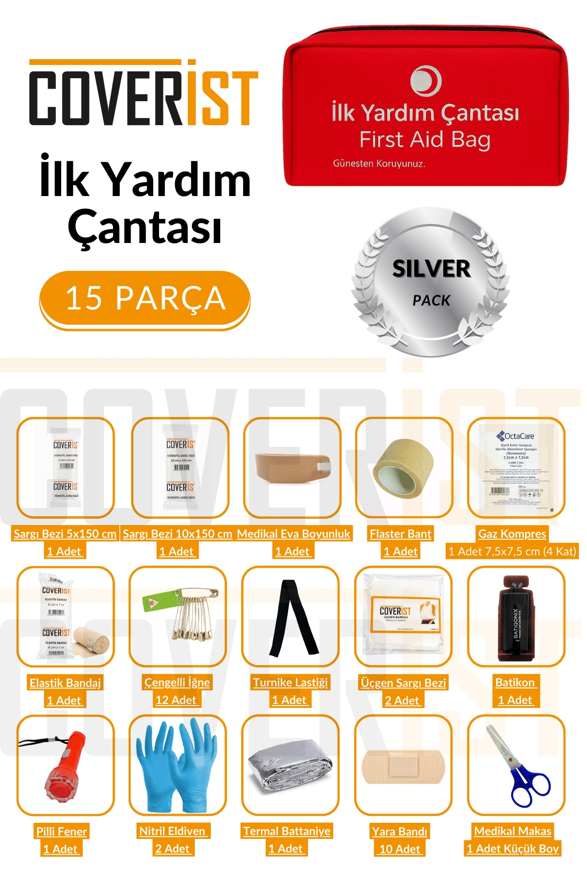 Üçgen Trafik ve İlk Yardım Seti - Muayene Uyumlu 1 KG Araç Yangın Tüpü - 2 Adet Reflektör - Silver Pack