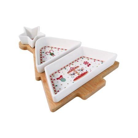 Bambu tepside 3 porselen kaseden oluşan meze seti 21×25 