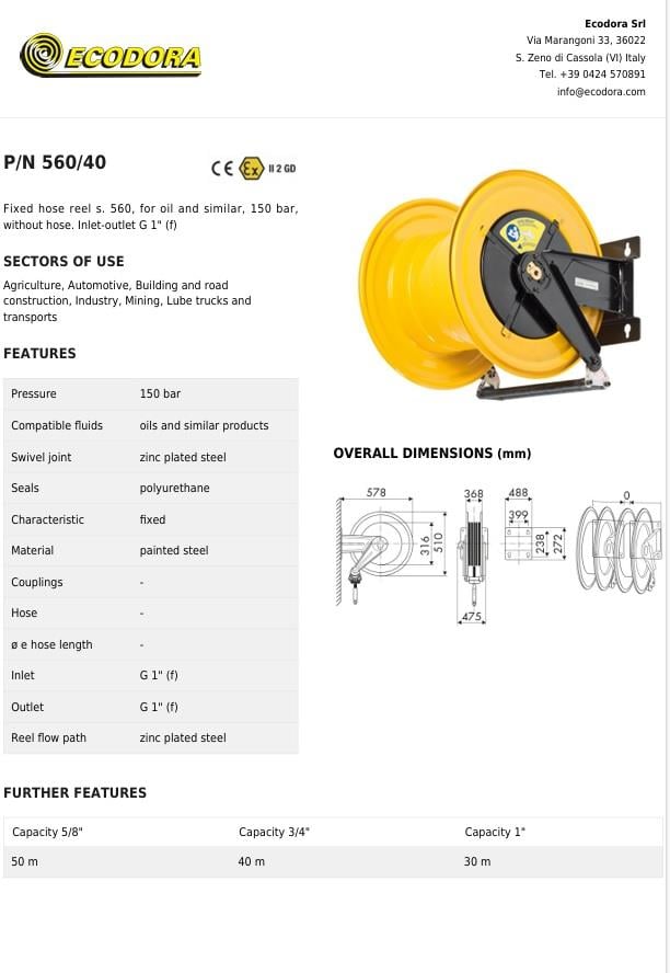 Açık Tip Sabit Hortum Makarası 560/40 Hortumsuz