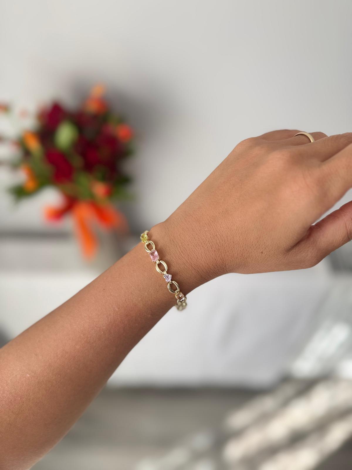 14k Altın Kaplama Renkli Taşlı Oval Bileklik