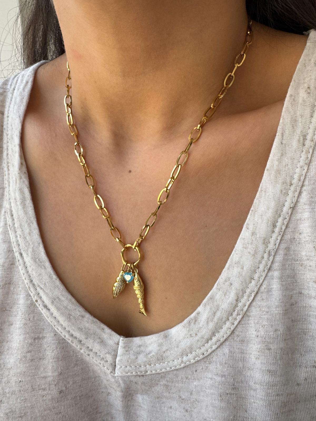 Çelik İstiridye Charmlı Zincir Kolye