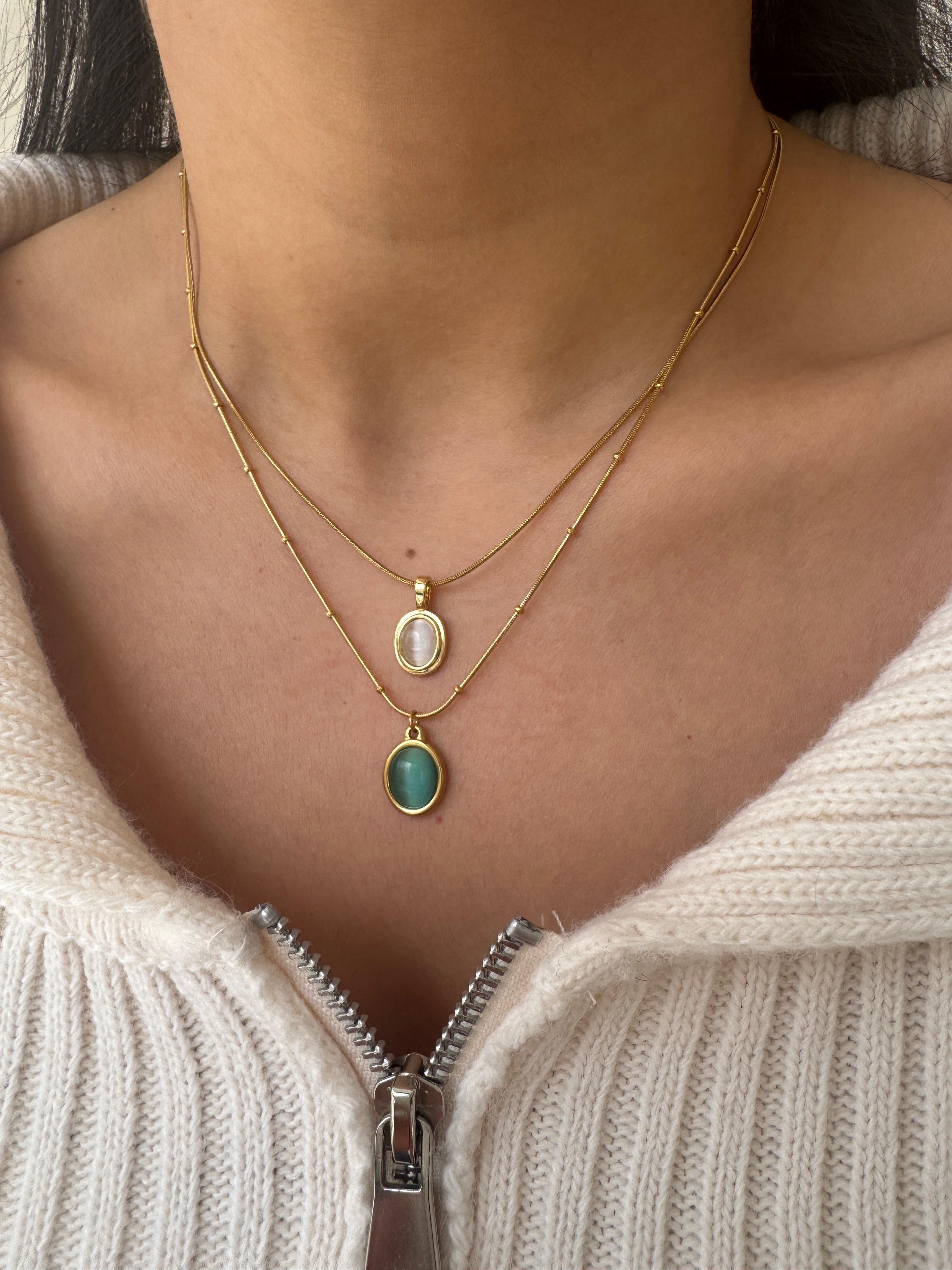 Çelik Mavi Taşlı Opal Kolye