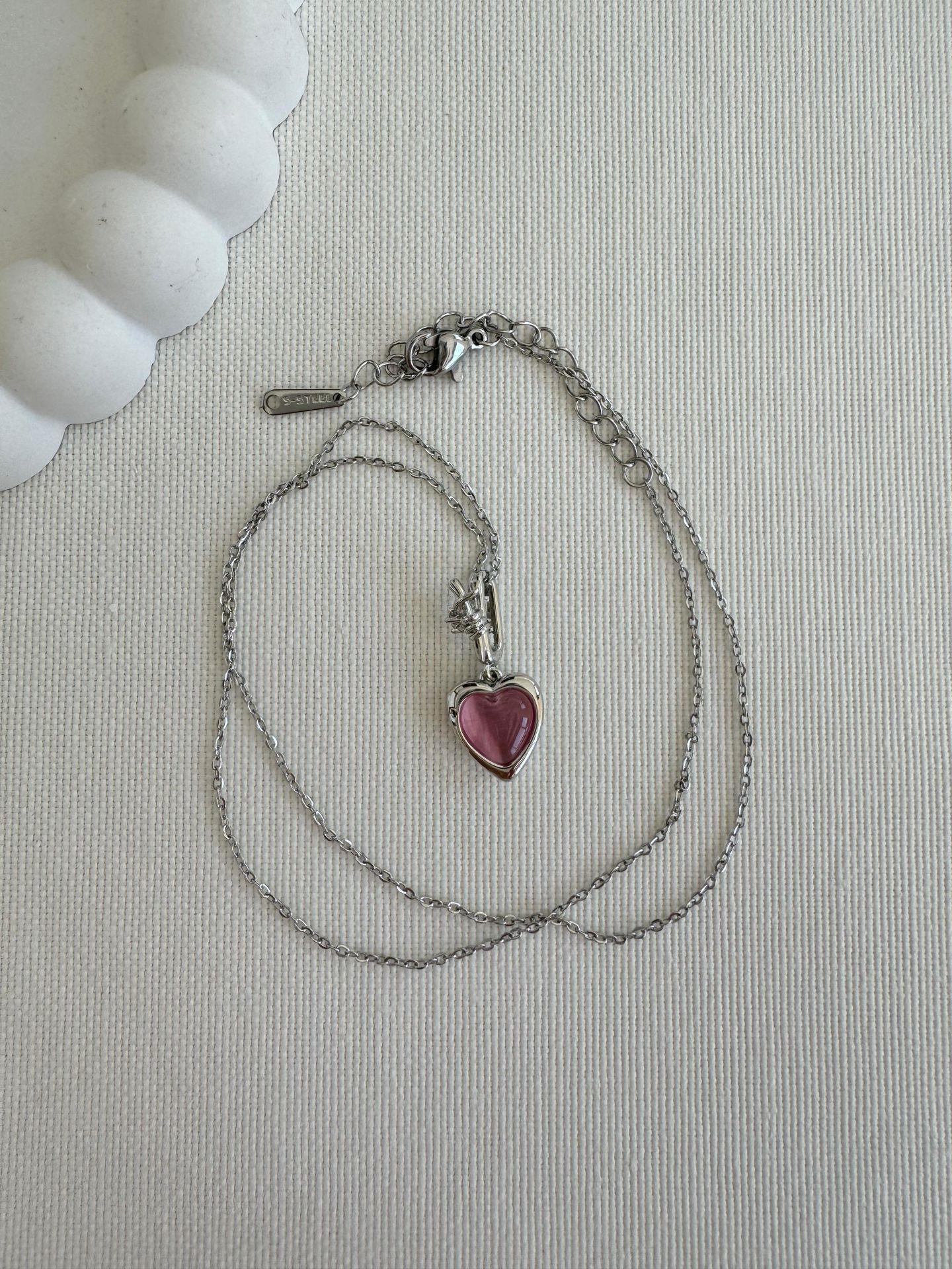Çelik Mor Taşlı Kalp Kolye (silver)