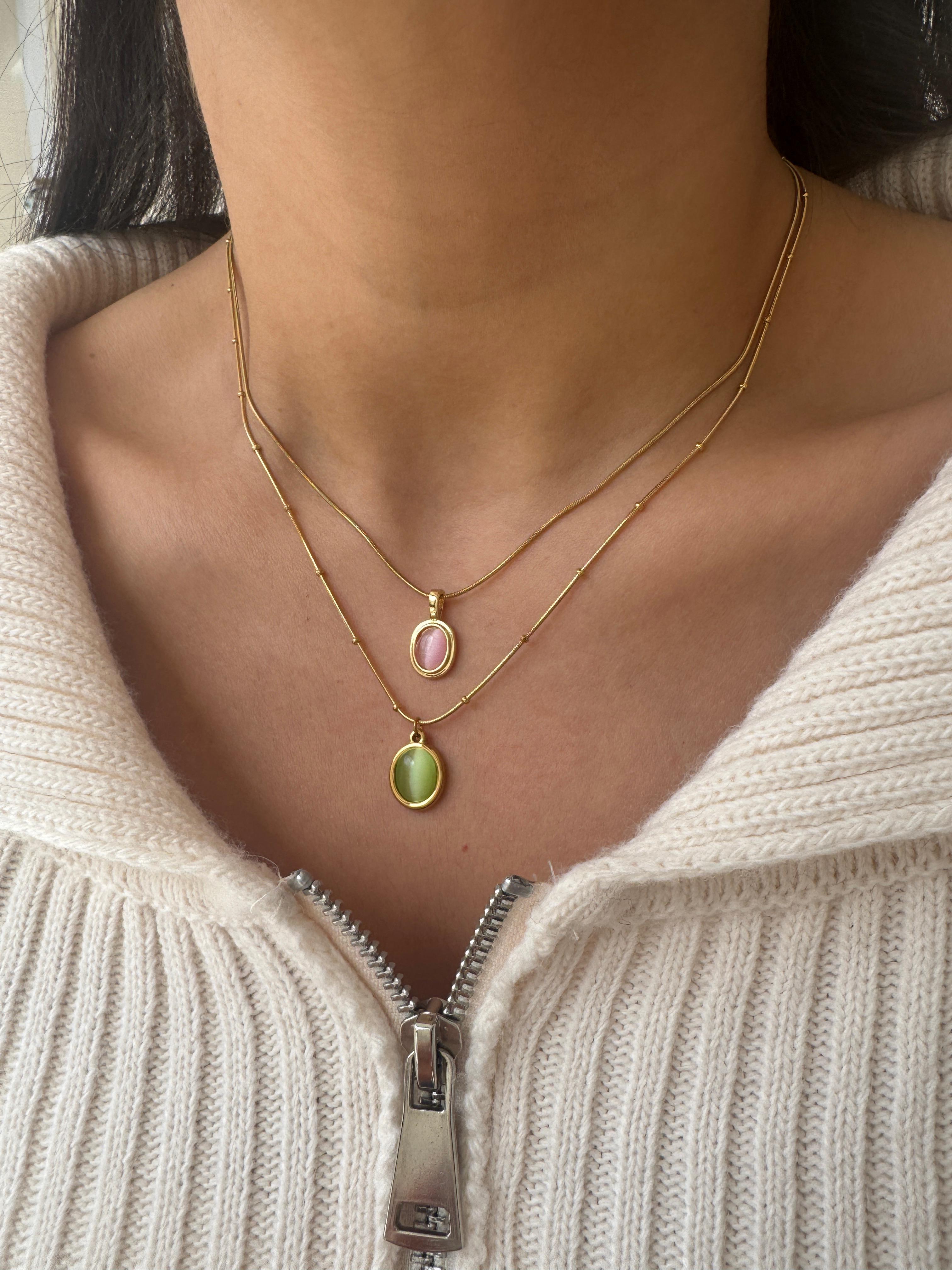 Çelik Pembe Taşlı Opal Kolye