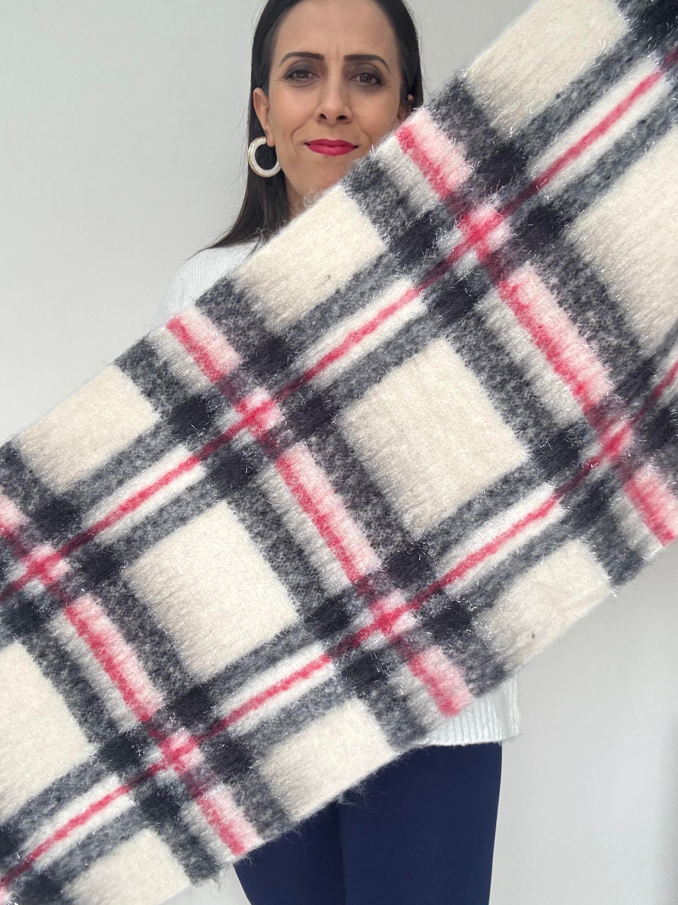 Simli Krem Çizgili Kaşkol