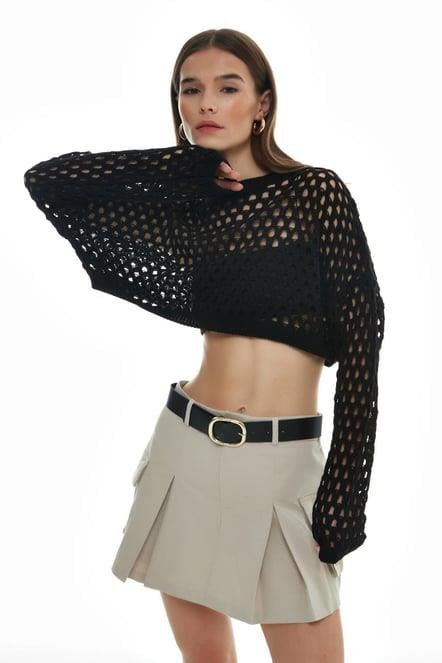 ÖRGÜ DETAYLI CROP KAZAK