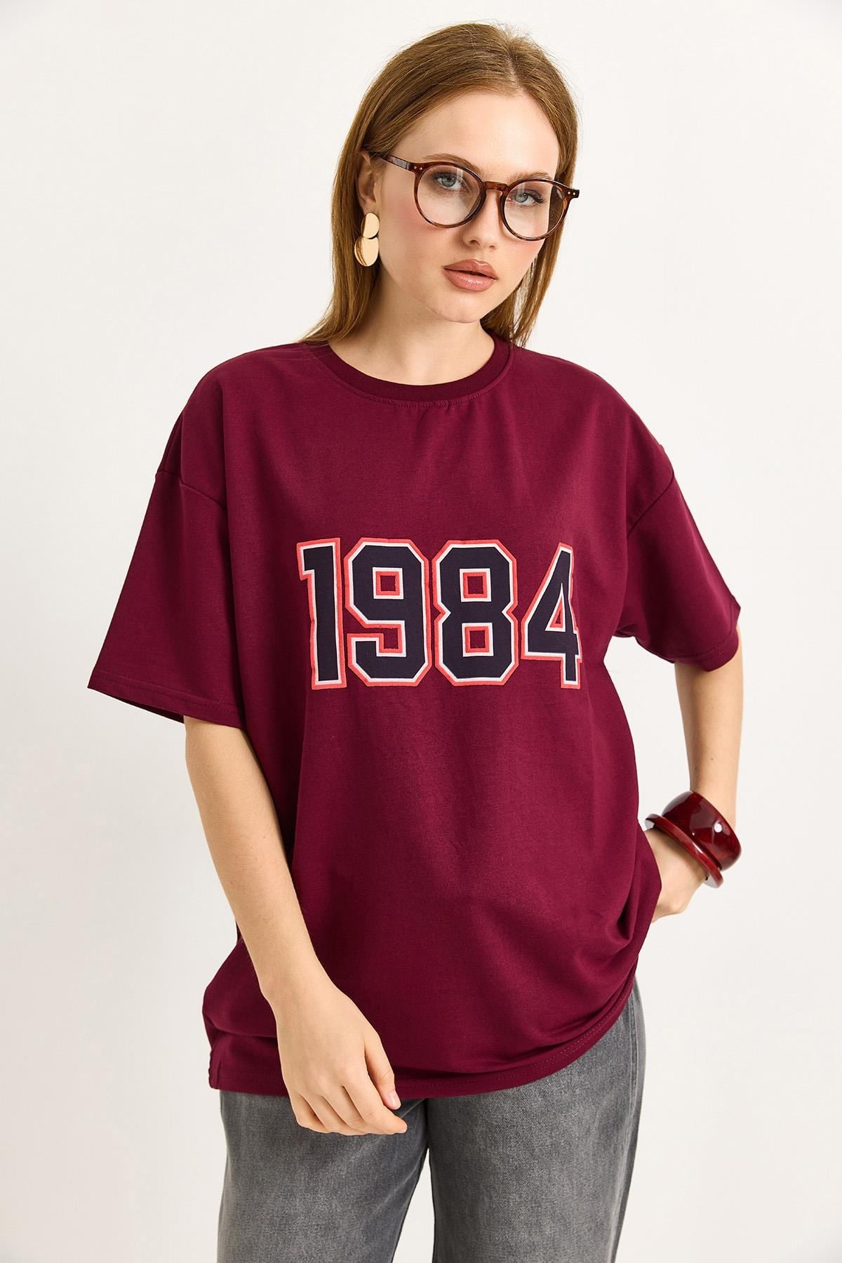1984 Baskılı Oversize Tshirt Bordo