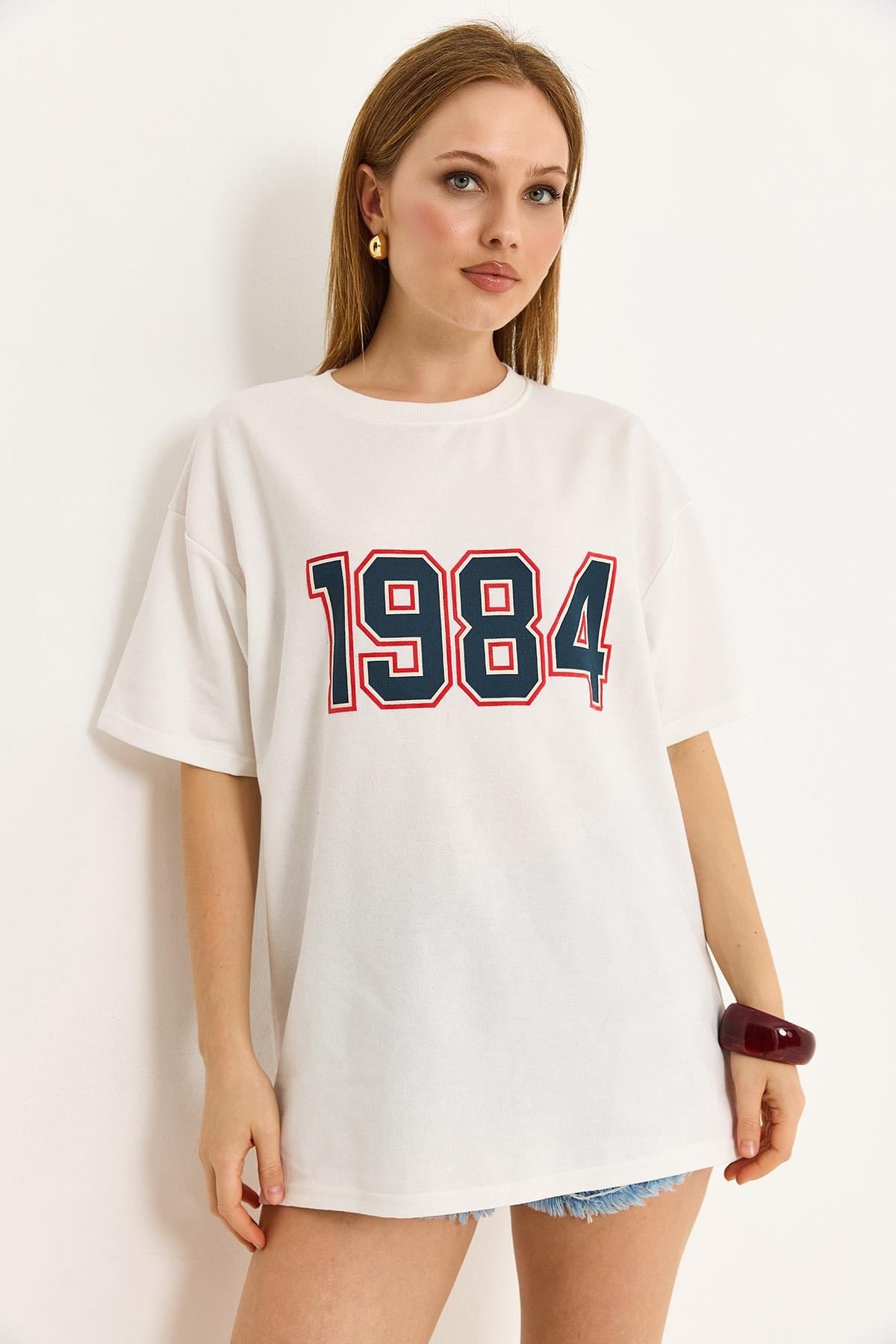 1984 Baskılı Oversize Tshirt Ekru