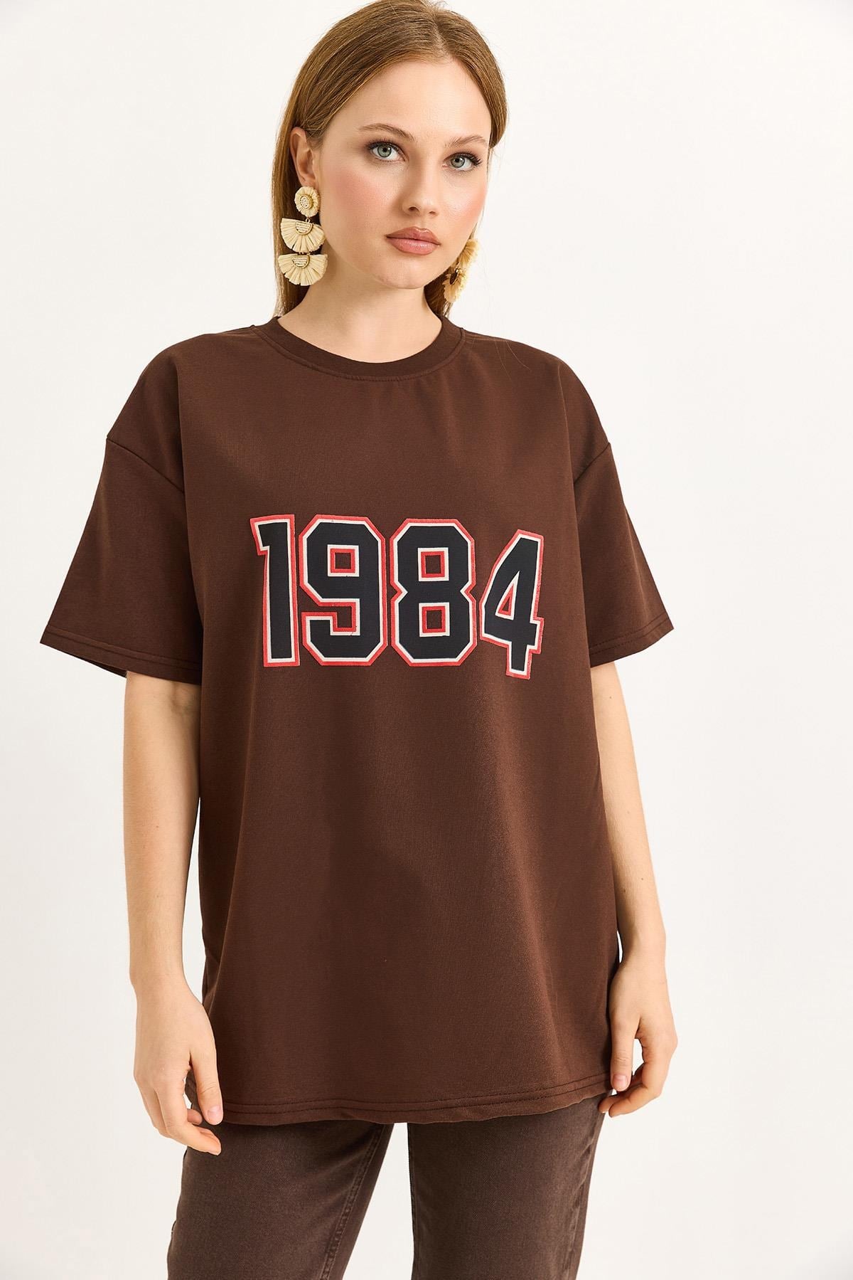 1984 Baskılı Oversize Tshirt Kahverengi