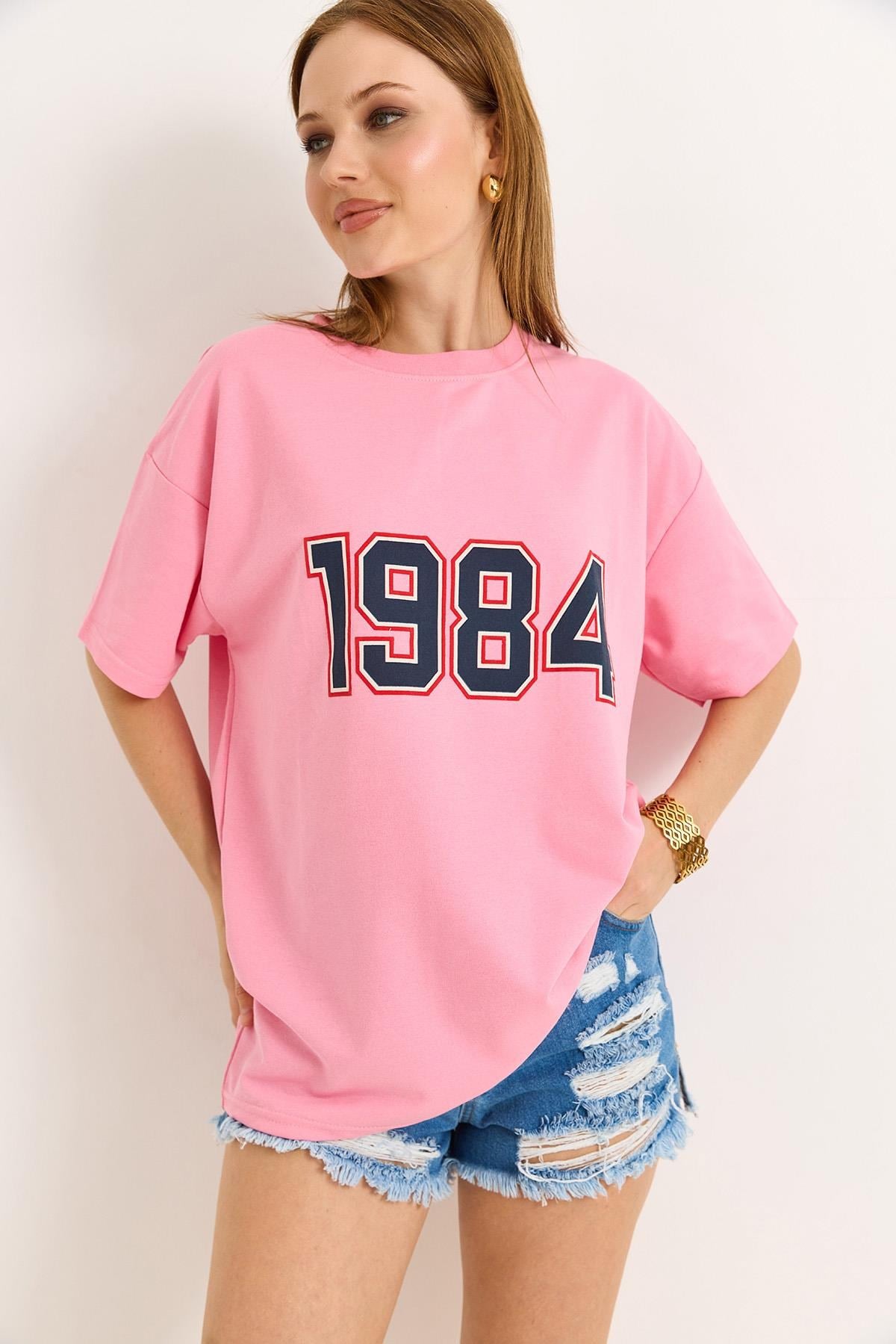 1984 Baskılı Oversize Tshirt Pembe