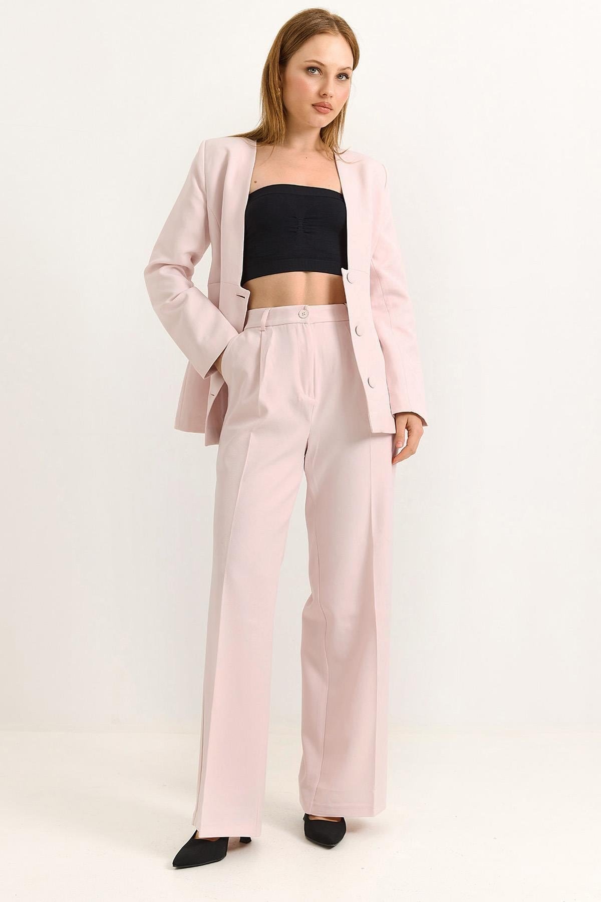 Astarlı Dokuma Blazer Ceketli Pembe Takım