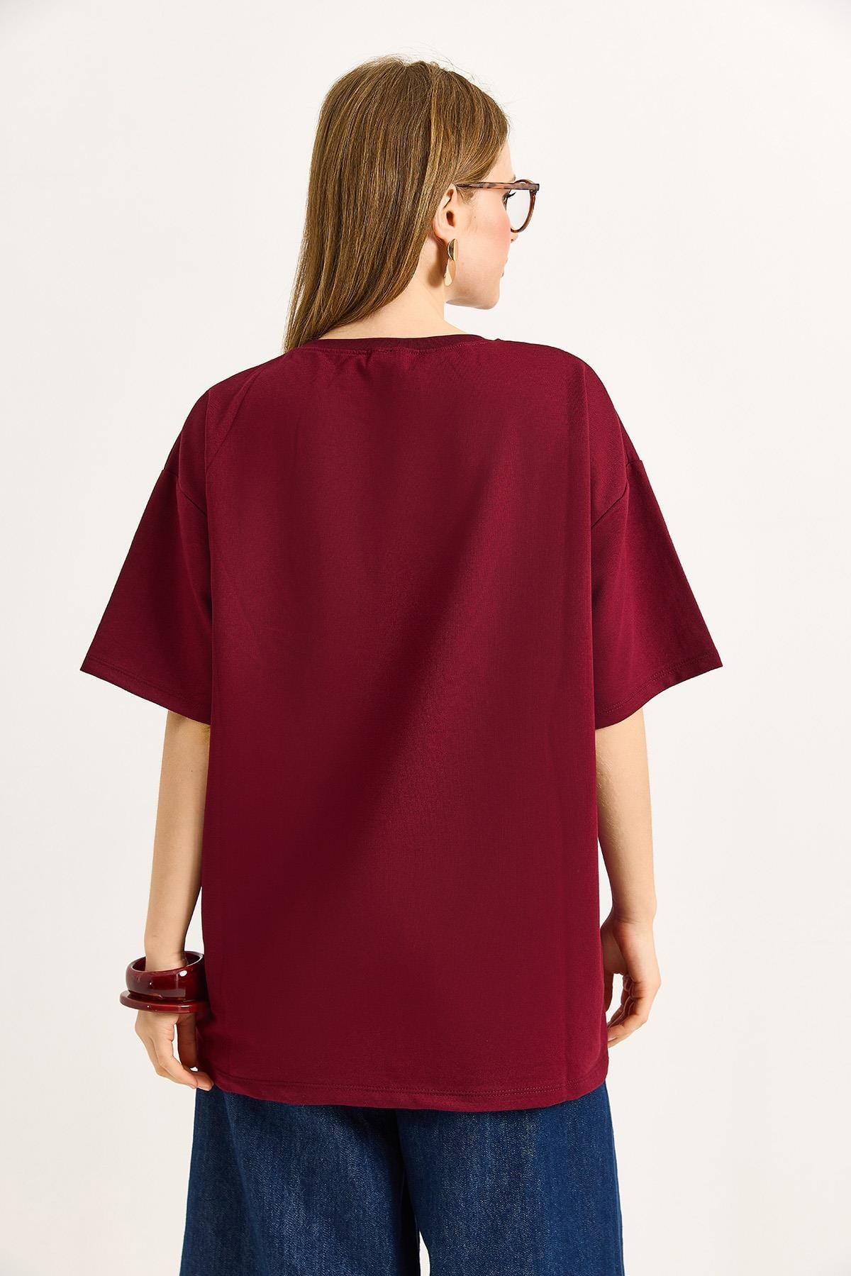 Ayıcık Baskılı Bisiklet Yaka Tshirt  Bordo