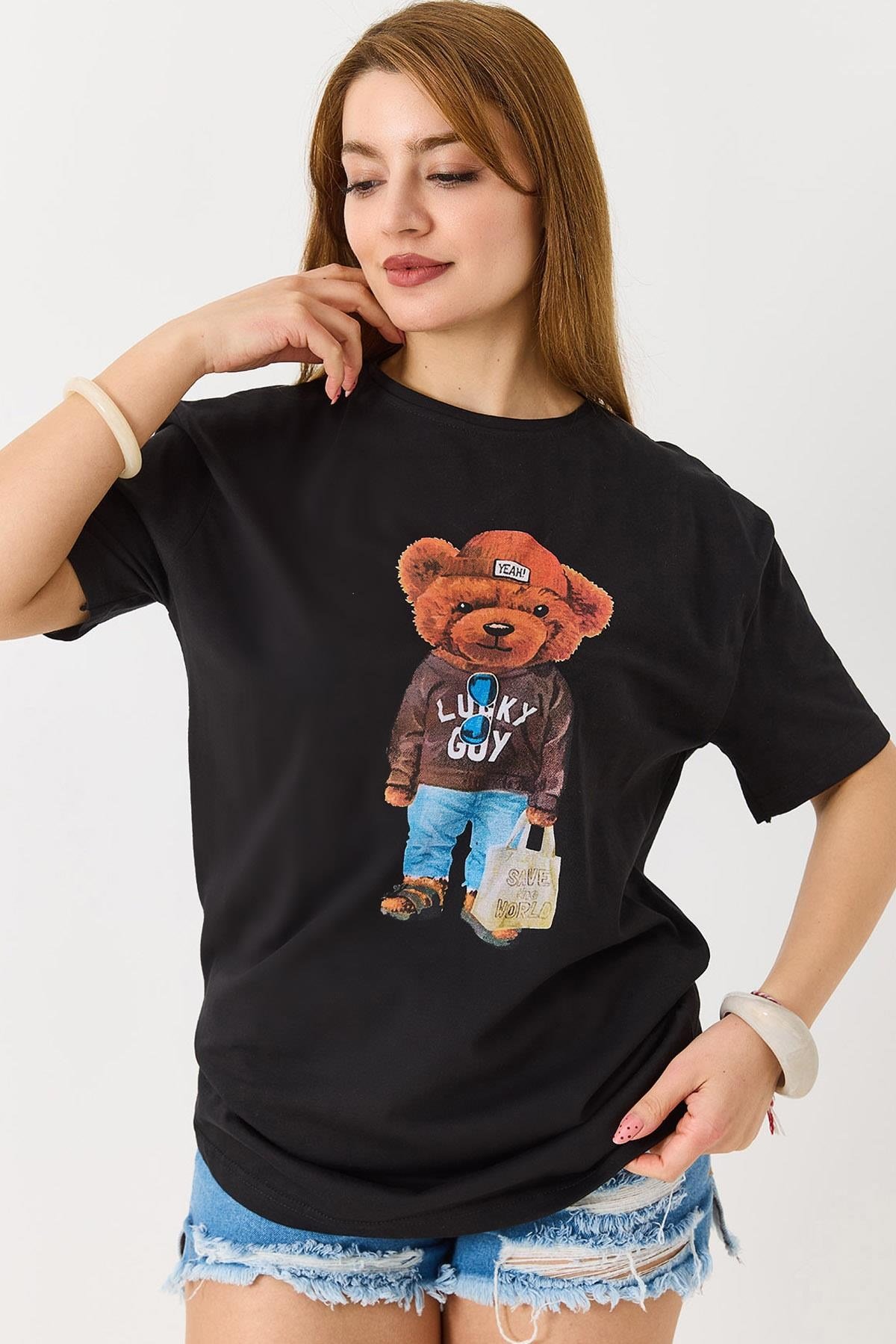 Ayıcık Baskılı Pamuklu Bisiklet Yaka Tshirt Siyah
