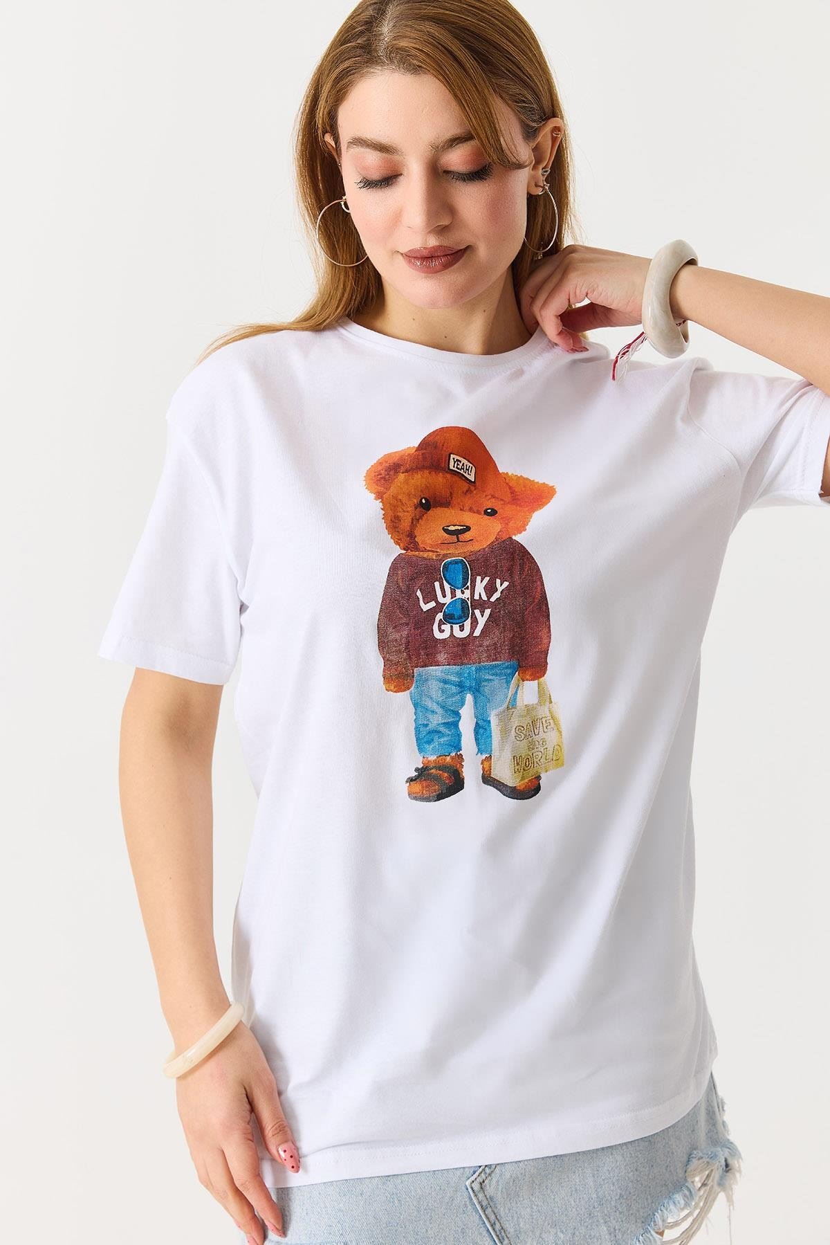 Ayıcık Baskılı Pamuklu Bisiklet Yaka Tshirt Beyaz