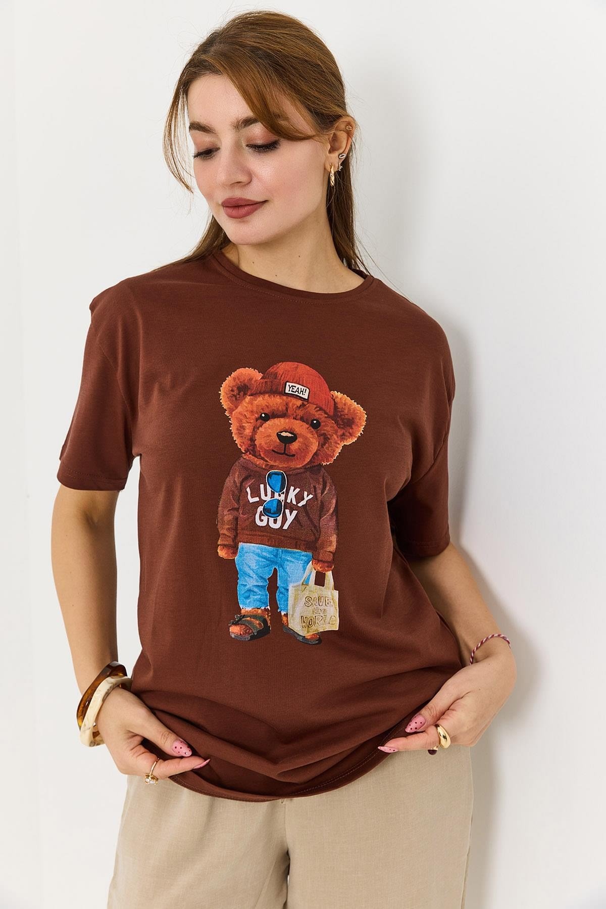 Ayıcık Baskılı Pamuklu Bisiklet Yaka Tshirt Kahverengi
