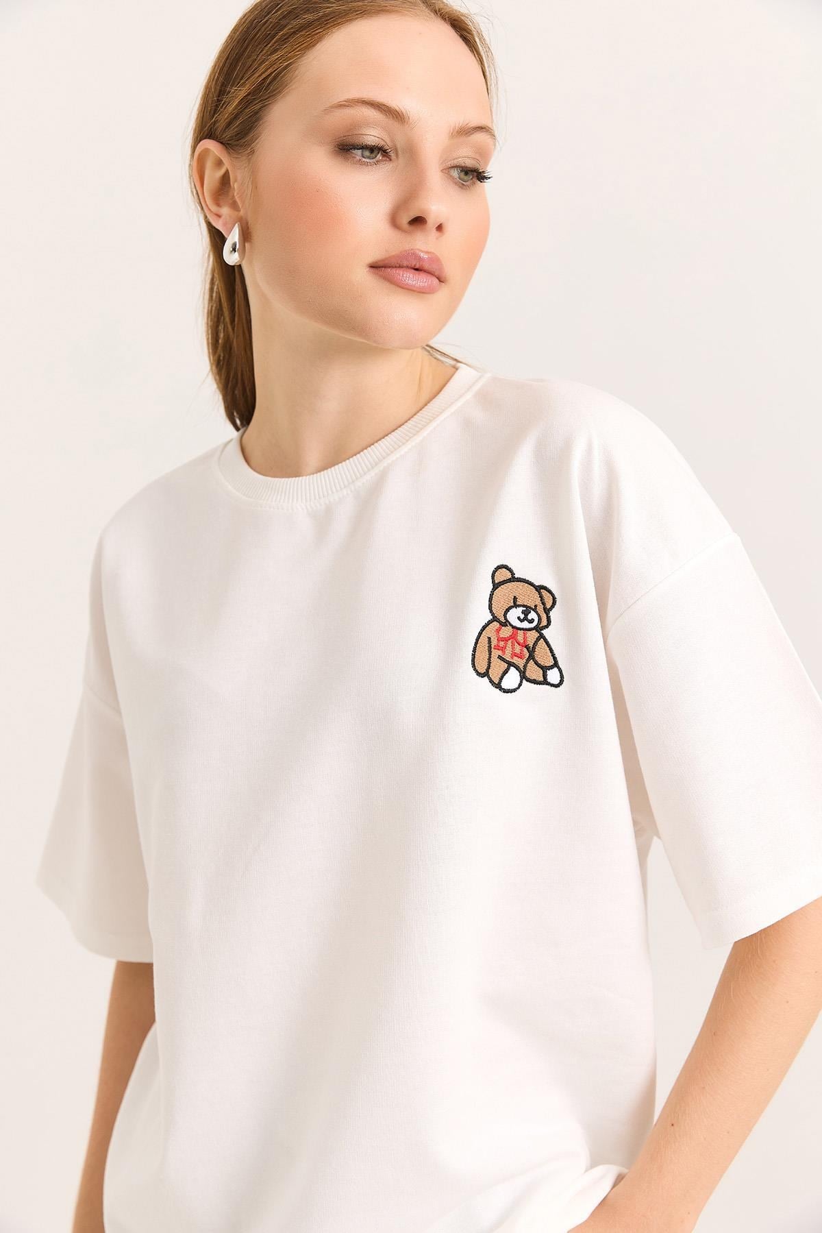 Ayıcık Nakışlı Oversize İki İp Tshirt  Ekru