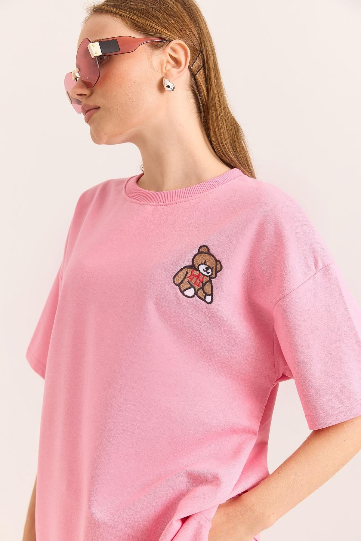 Ayıcık Nakışlı Oversize İki İp Tshirt  Pembe