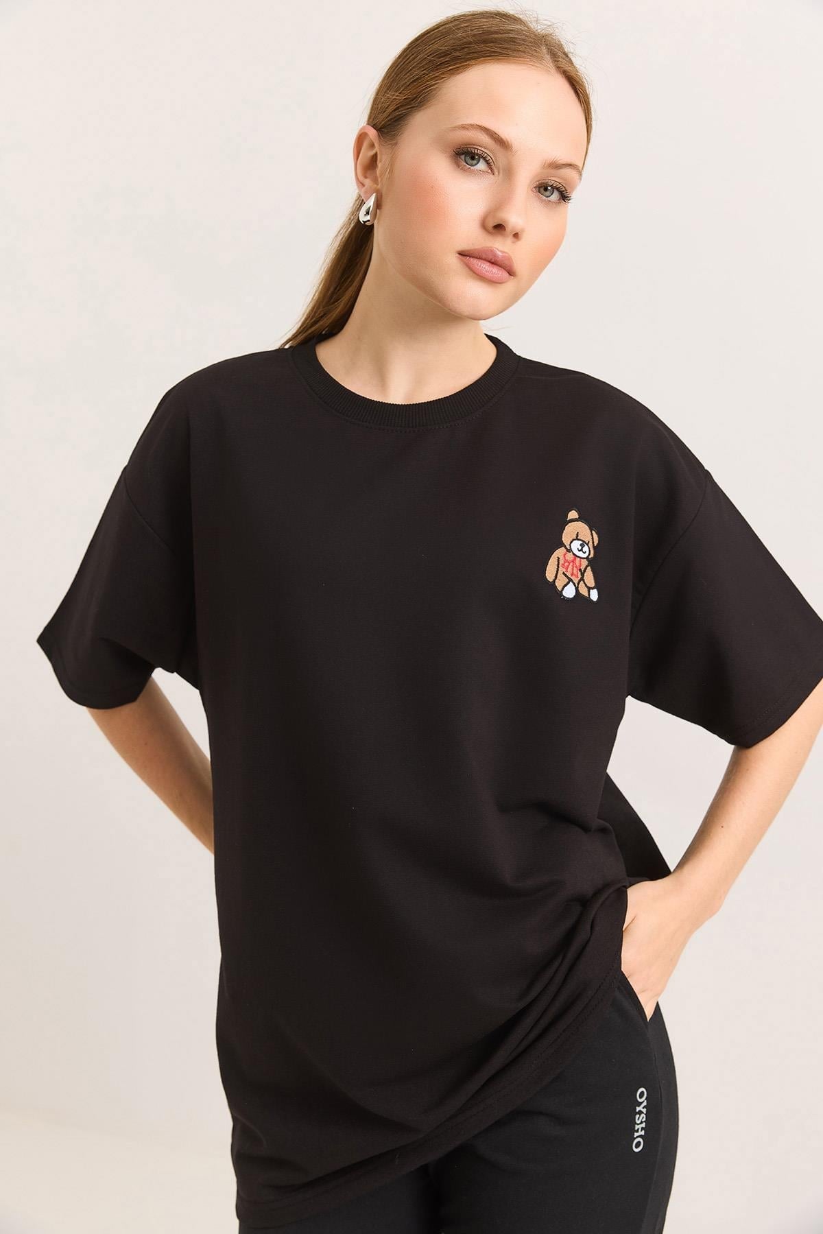 Ayıcık Nakışlı Oversize İki İp Tshirt Siyah