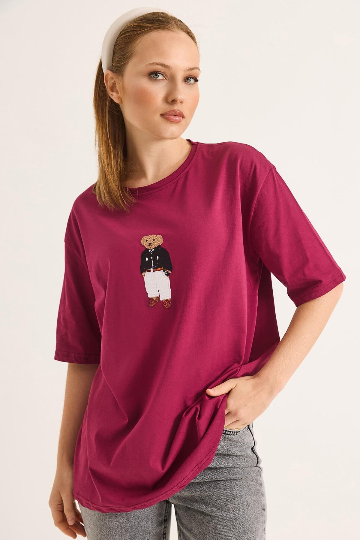 Ayıcık Nakışlı Rahat Kalıplı Tshirt Bordo