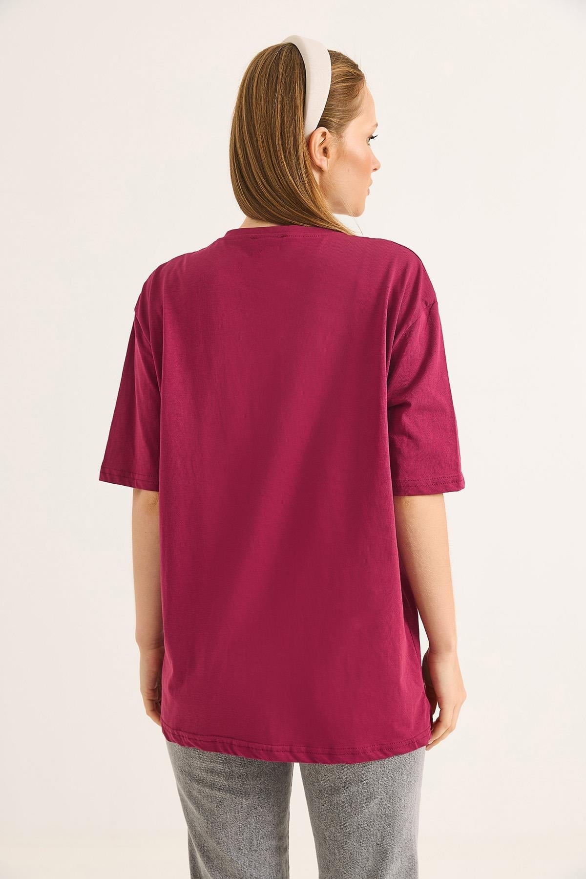 Ayıcık Nakışlı Rahat Kalıplı Tshirt Bordo