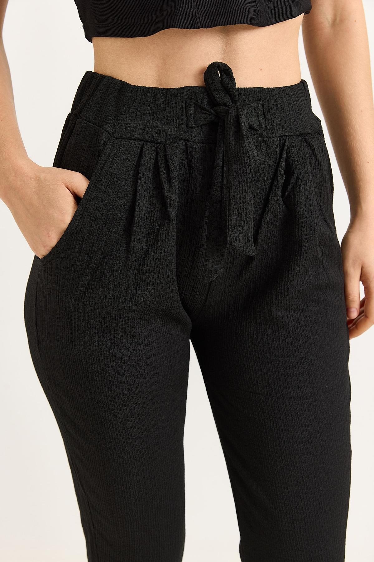 Bağlama Detaylı Bürümcük Örme Pantalon Siyah