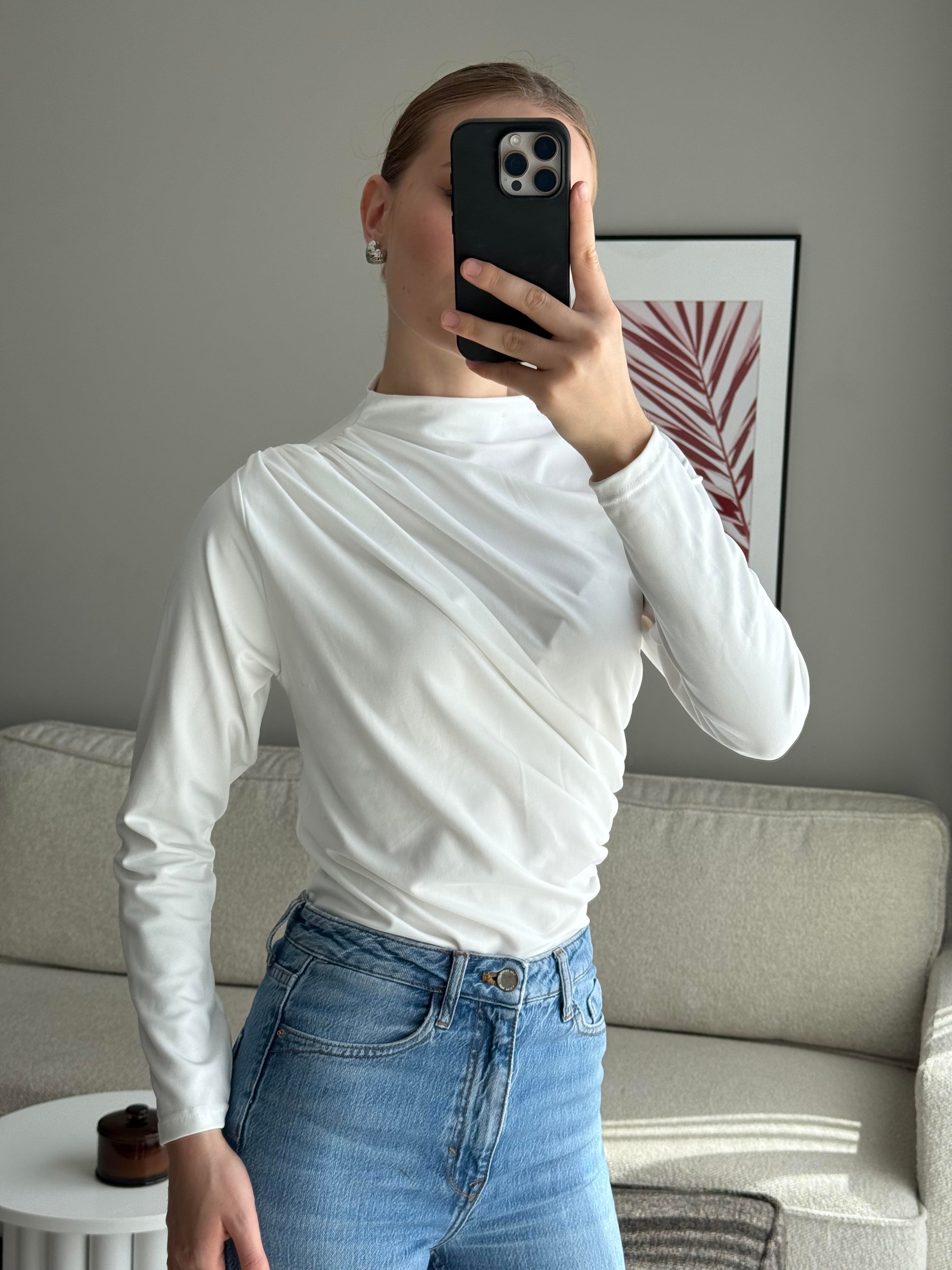 Balıkçı Yaka Drapeli Basic Bluz Beyaz