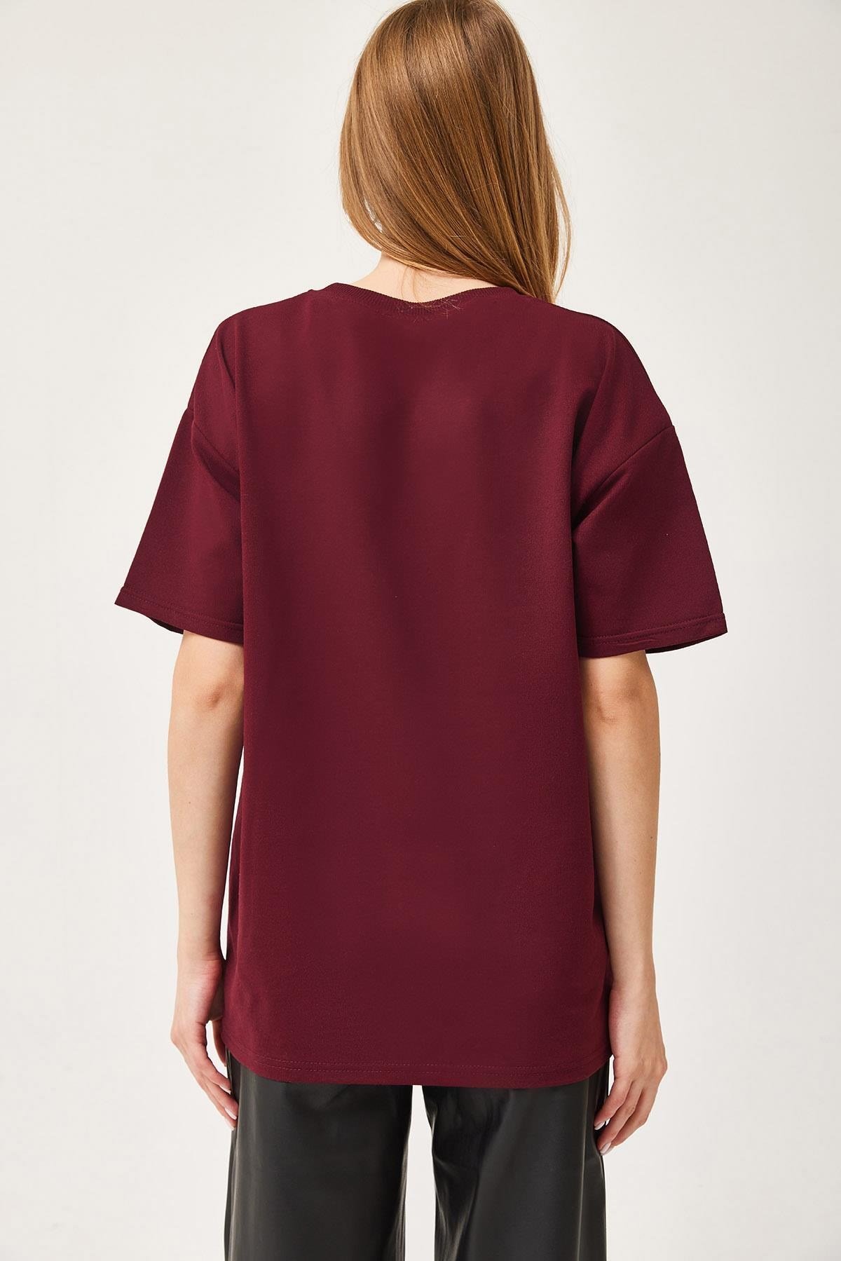 Basic Bisiklet Yaka Tshirt Bordo