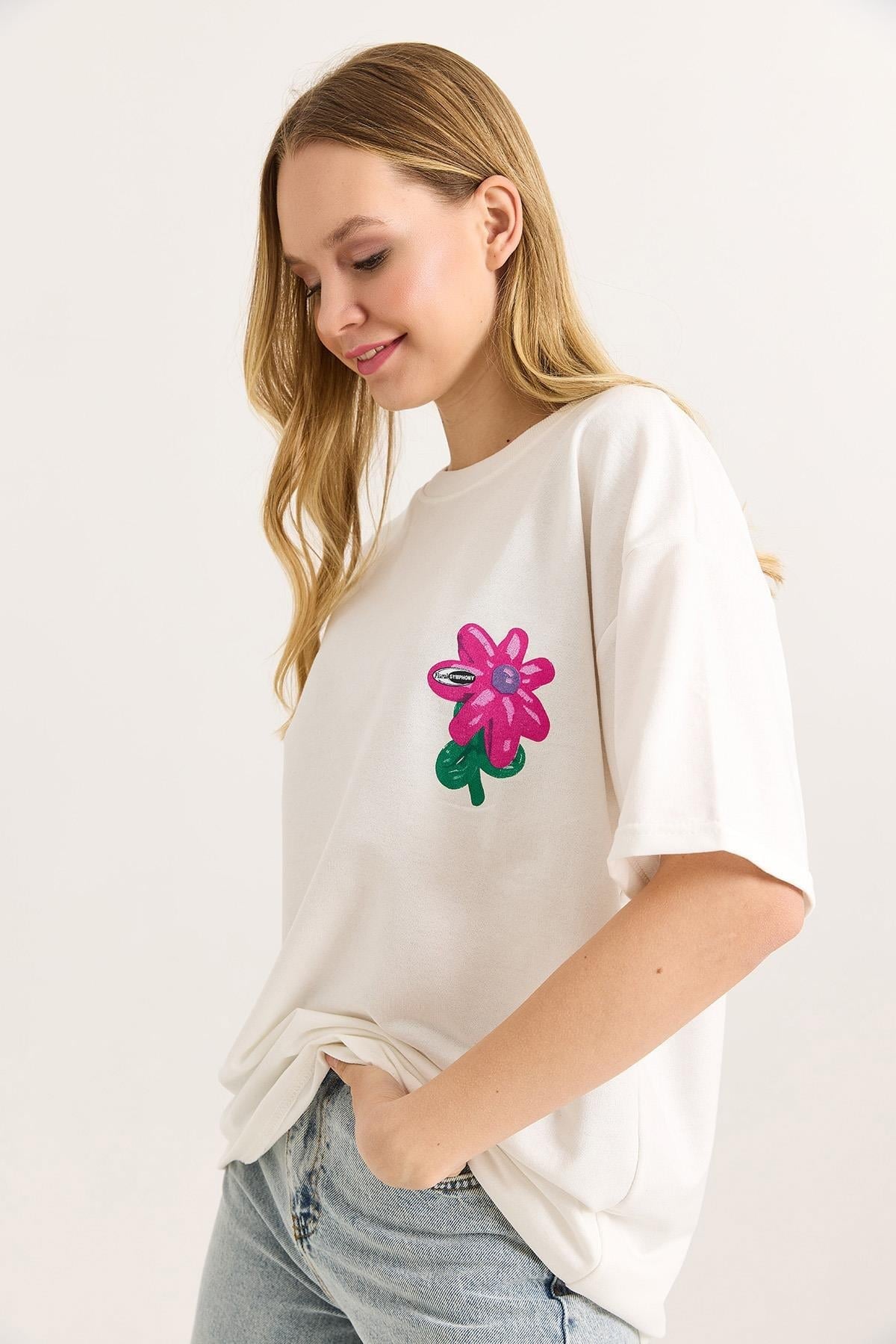 Baskılı Bisiklet Yaka Basic Tshirt Beyaz