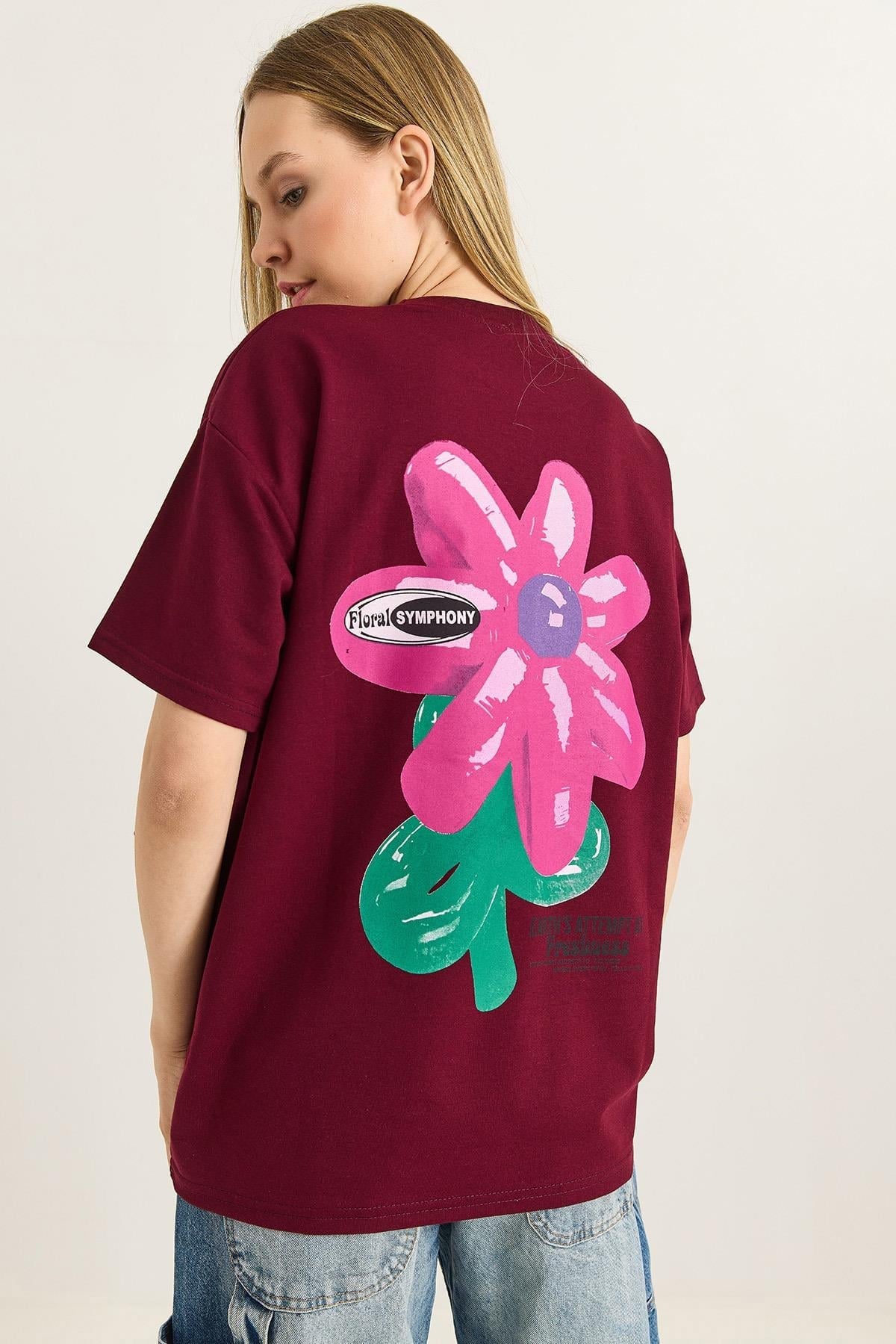 Baskılı Bisiklet Yaka Basic Tshirt Bordo