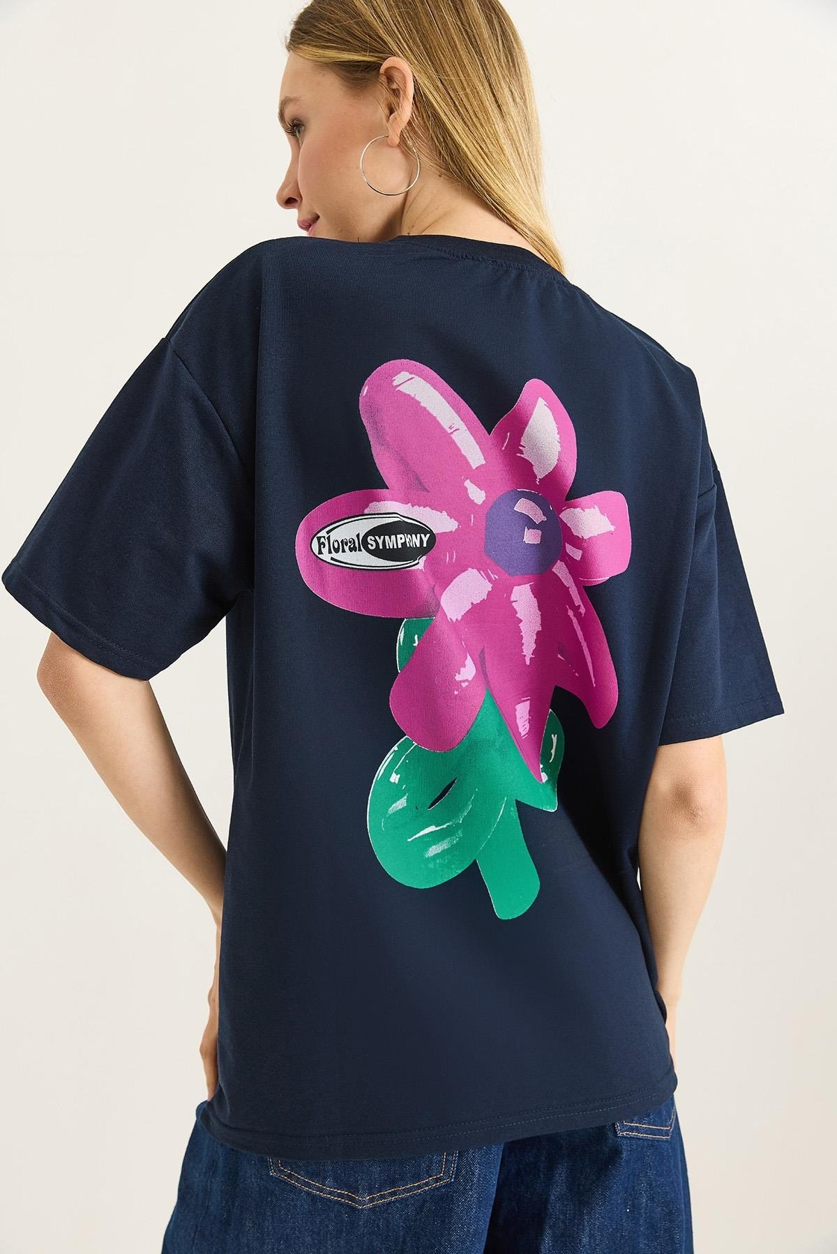 Baskılı Bisiklet Yaka Basic Tshirt Lacivert