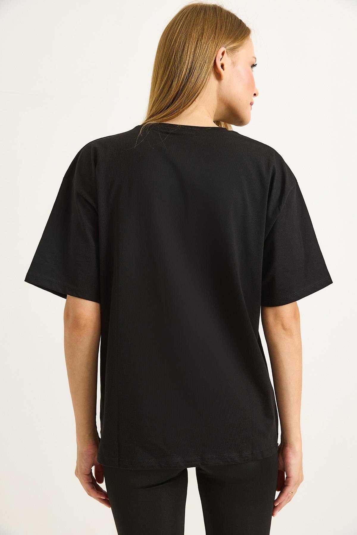 Baskılı Bisiklet Yaka Kadın Tshirt Siyah
