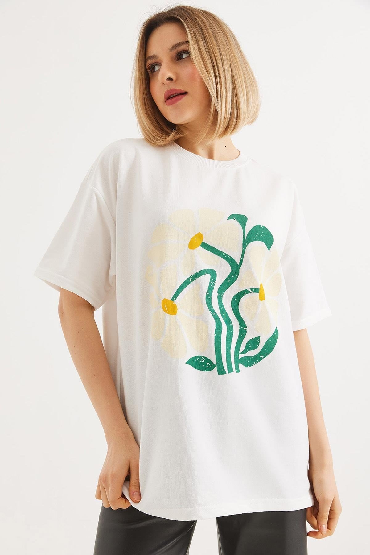Baskılı Bisiklet Yaka Tshirt Beyaz