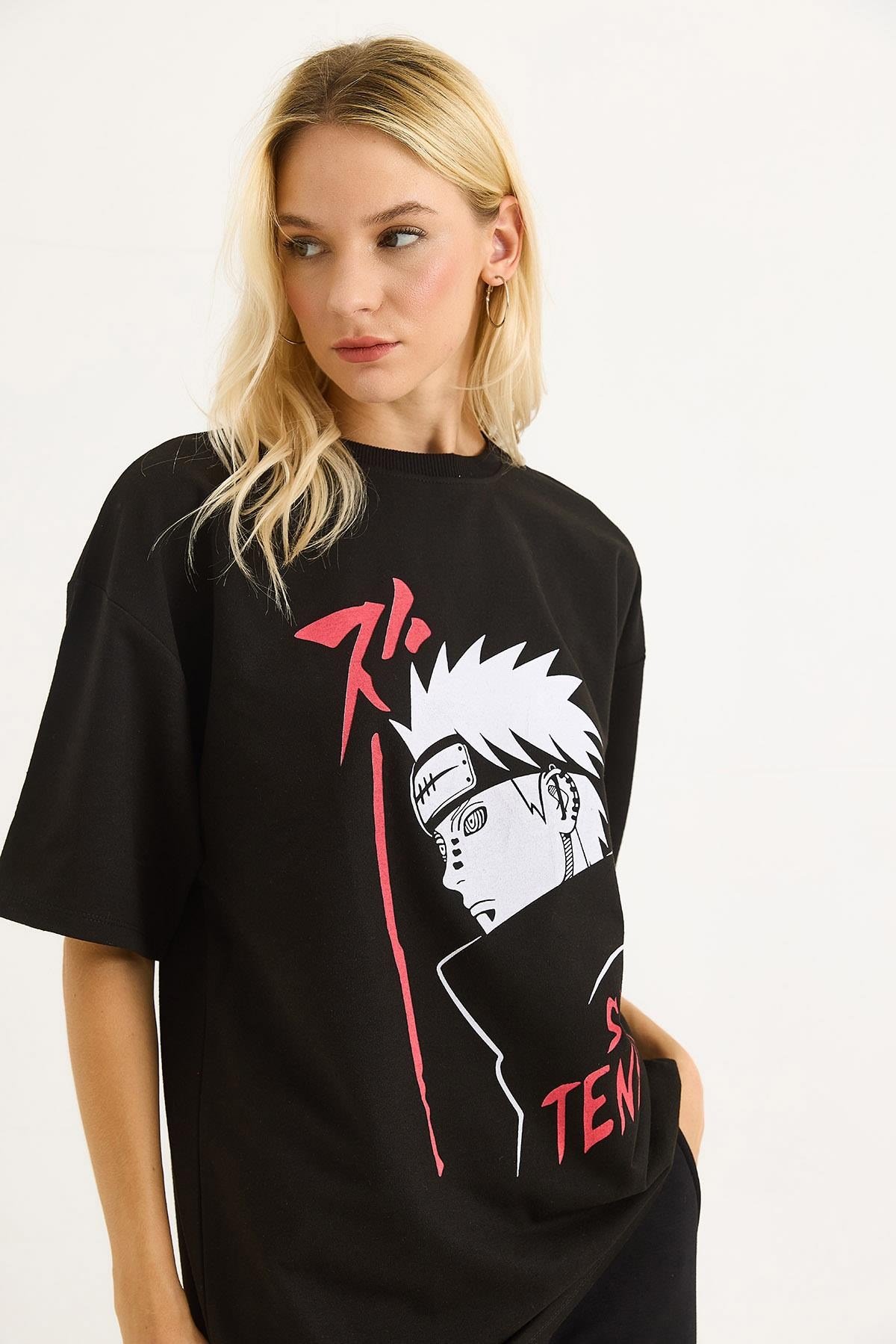 Baskılı Oversize Bisiklet Yaka Tshirt Siyah