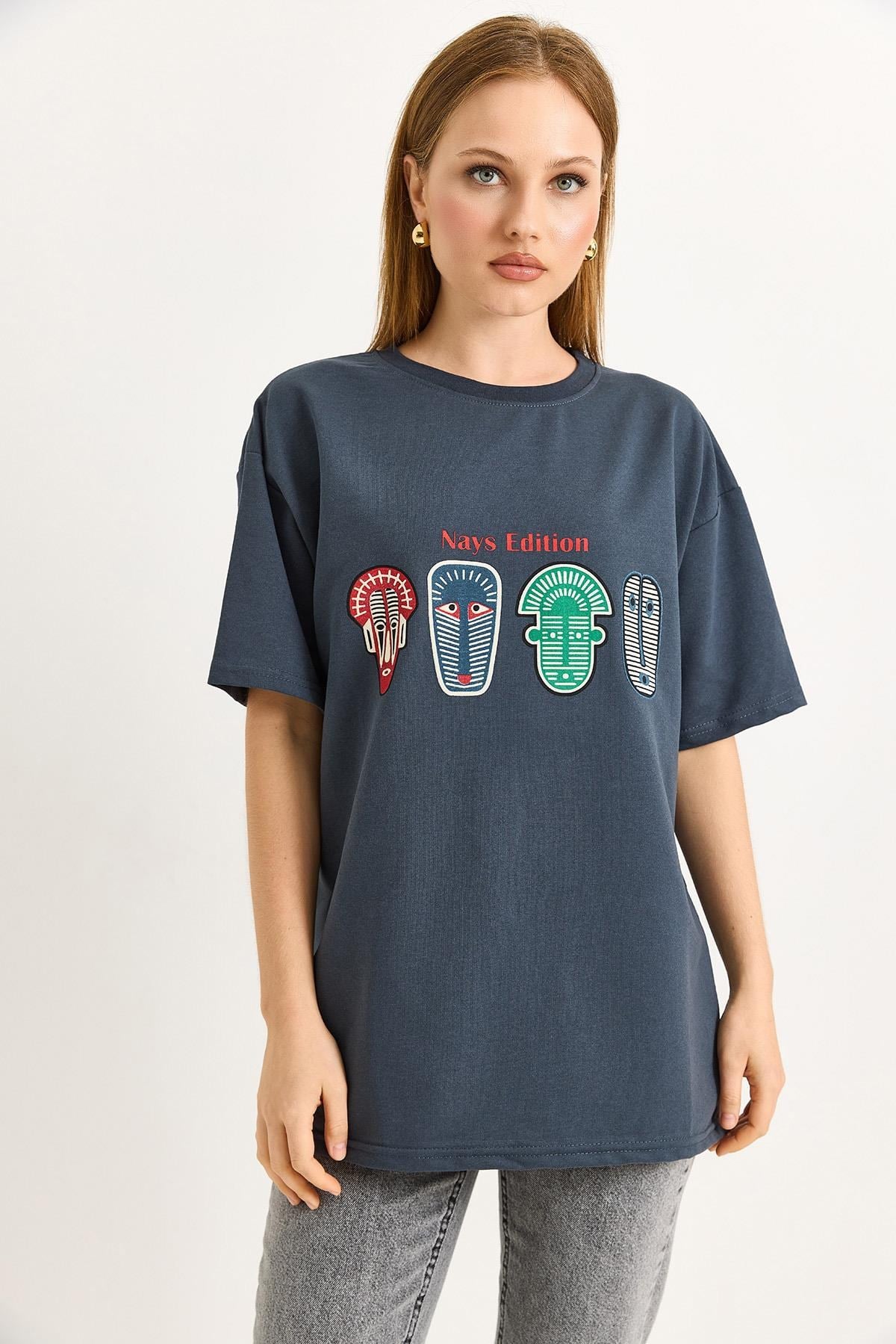 Baskılı Oversize Tshirt Füme