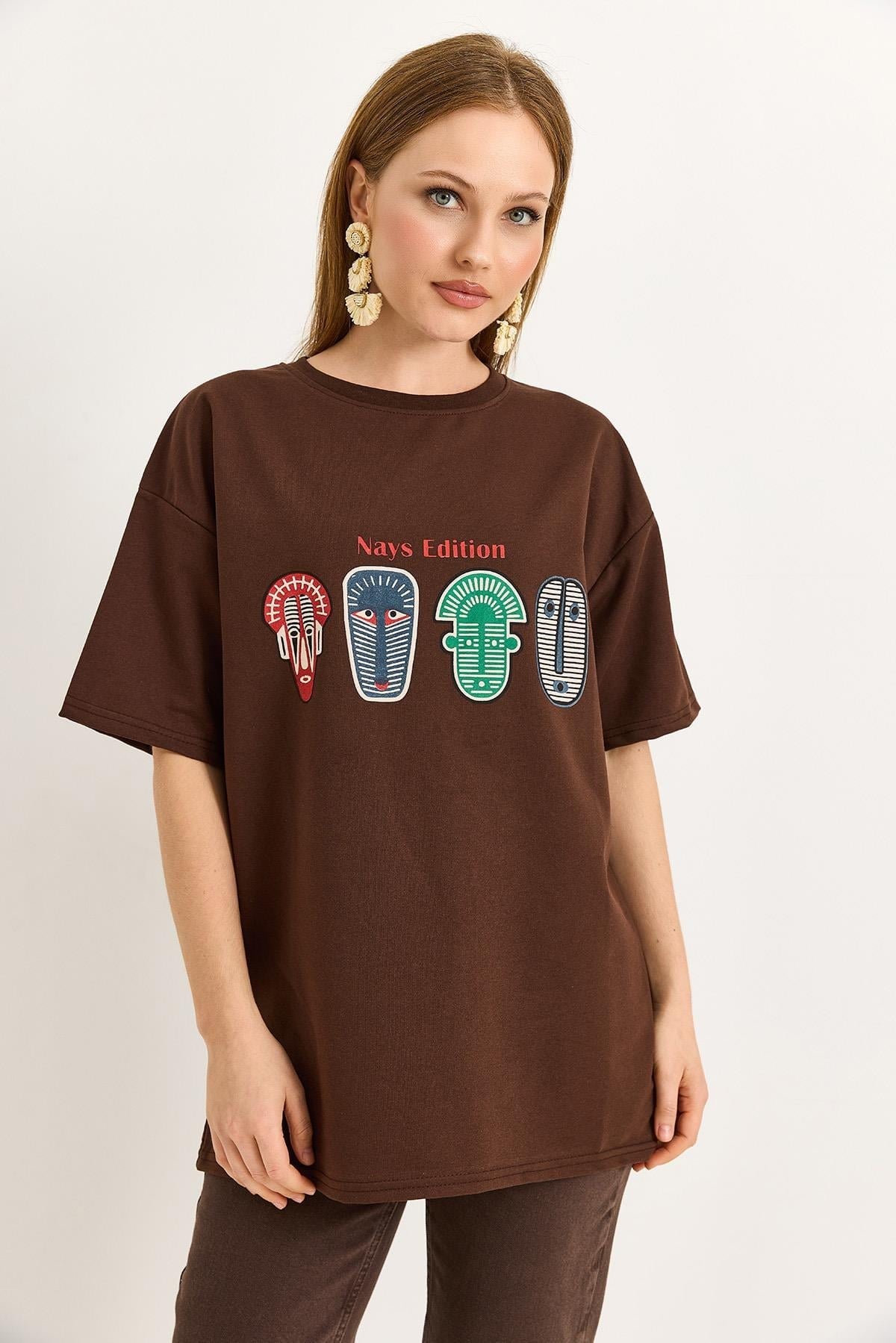 Baskılı Oversize Tshirt Kahverengi