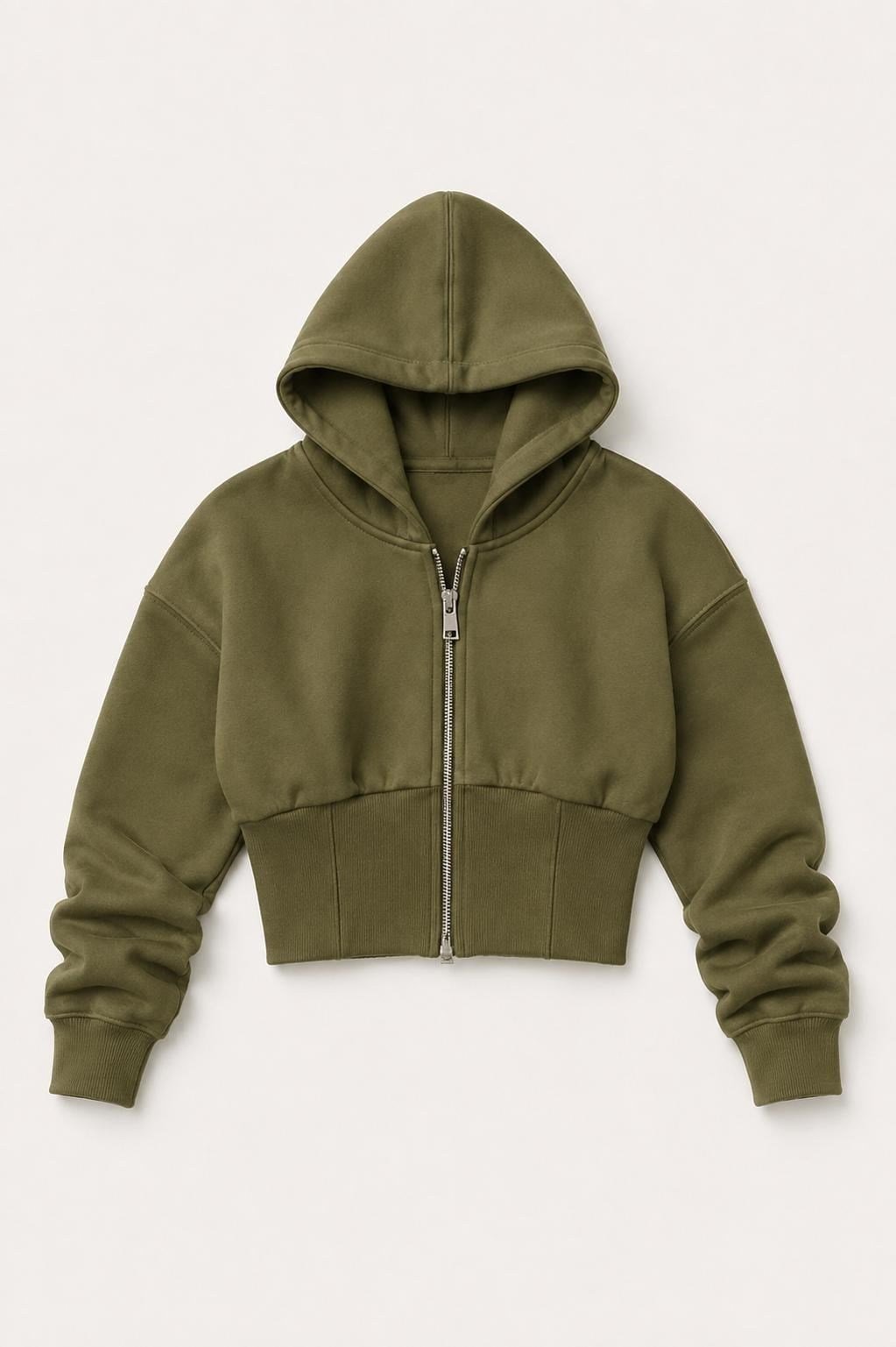 Bel Detaylı Fermuarlı Crop Sweatshirt Haki